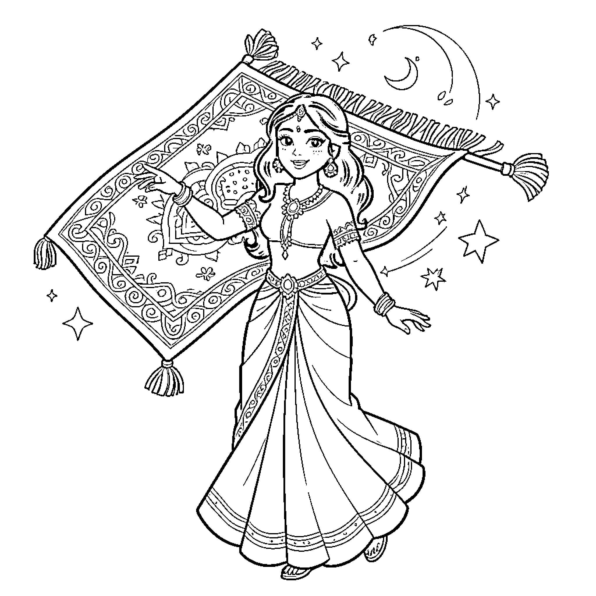 Jasmine posing gracefully with a magic flying carpet Coloring Page (free black-and-white line drawing printable PDF for all, from beginners to advanced learners, including children, teens, adults, and seniors)