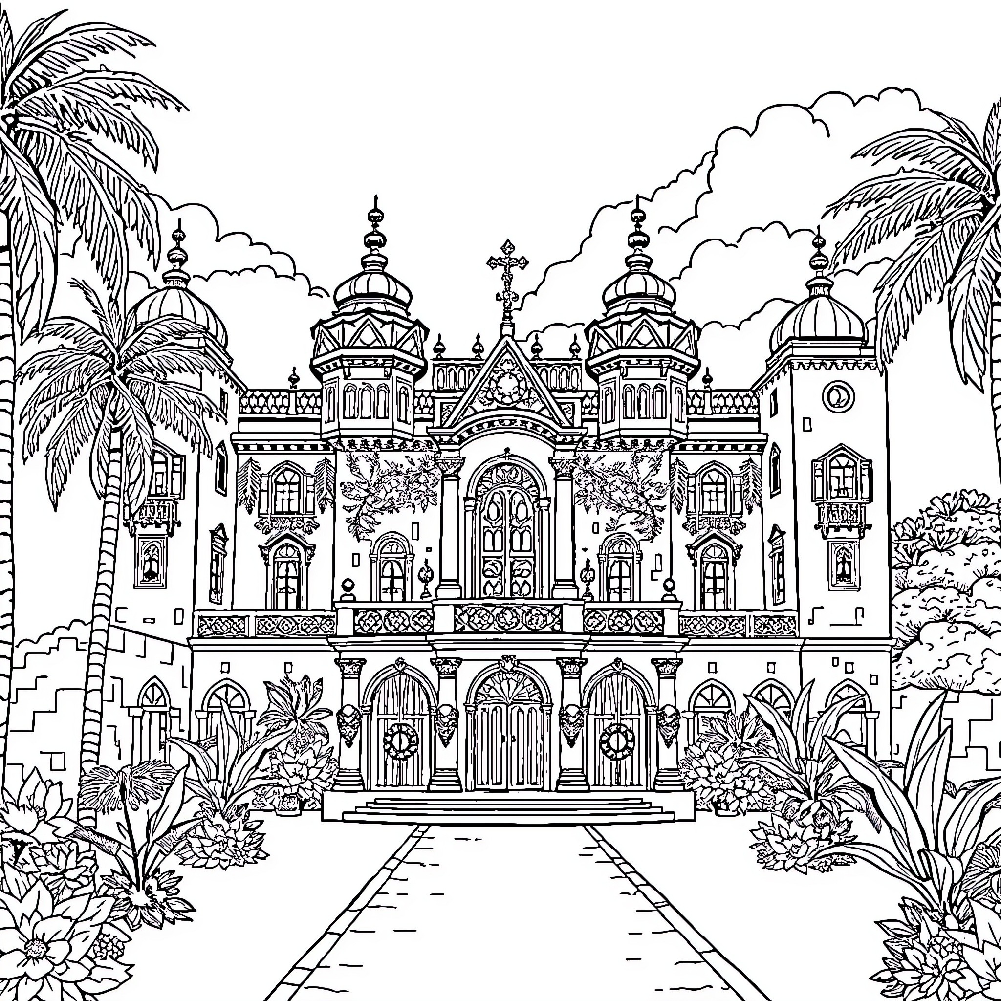 Mansion of ornate architecture and lush gardens Coloring Page (free black-and-white line drawing printable PDF for all, from beginners to advanced learners, including children, teens, adults, and seniors)