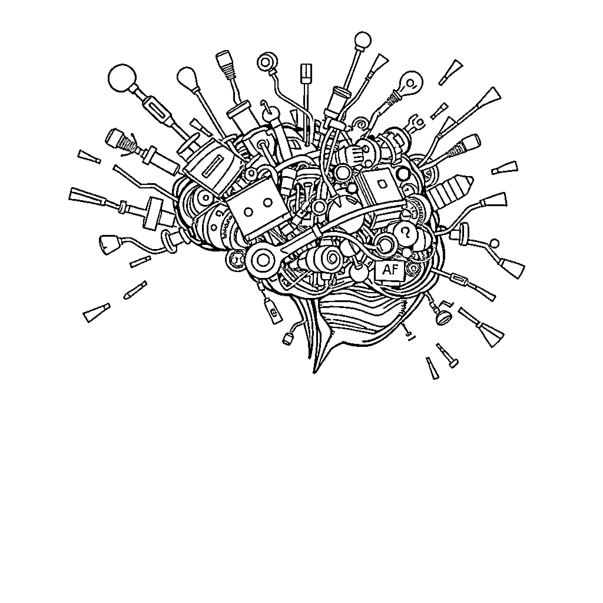 Brainrot: Explosion of Mechanical Chaos Coloring Page (free black-and-white line drawing printable PDF for all, from beginners to advanced learners, including children, teens, adults, and seniors)