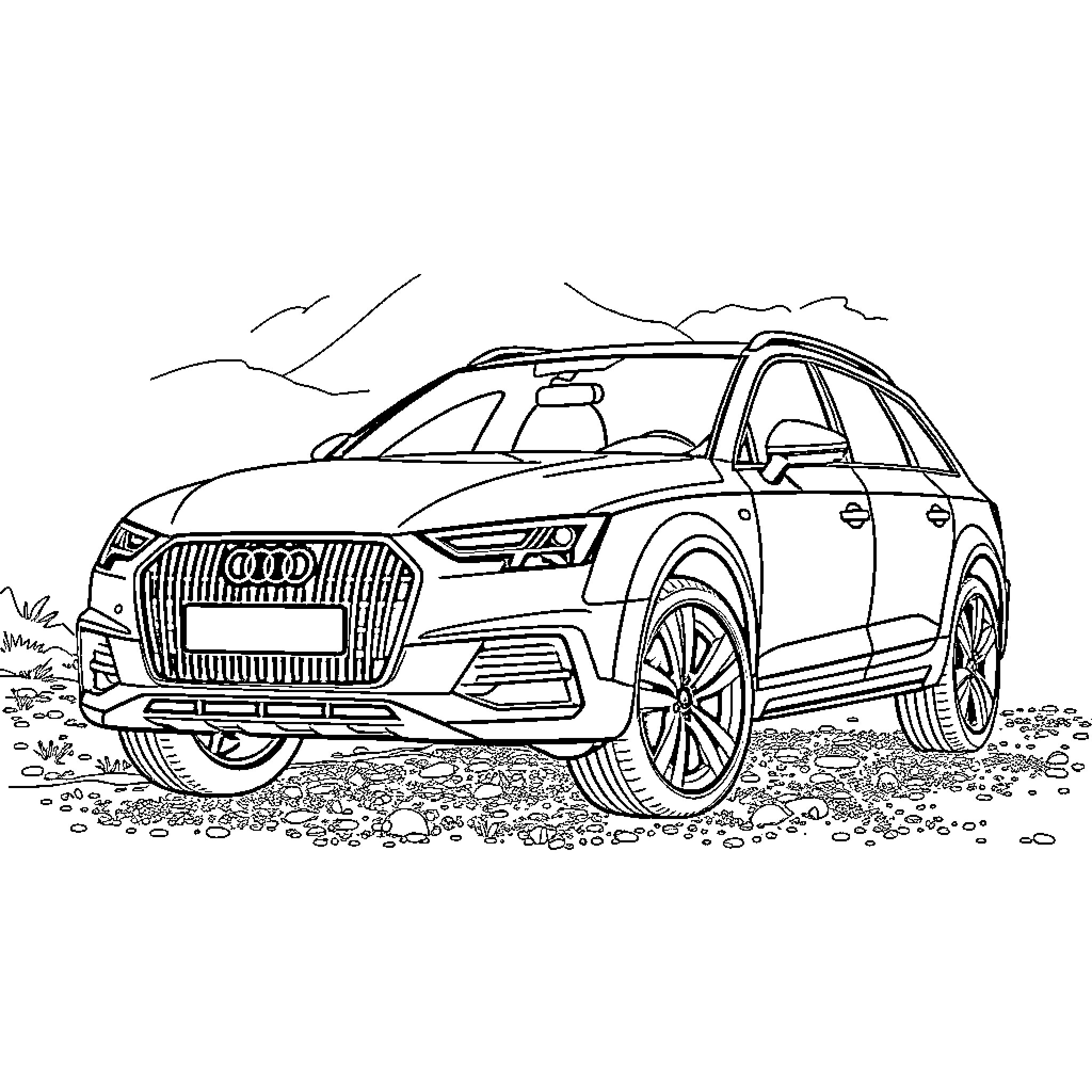Audi SUV traversing rugged terrain Coloring Page (free black-and-white line drawing printable PDF for all, from beginners to advanced learners, including children, teens, adults, and seniors)