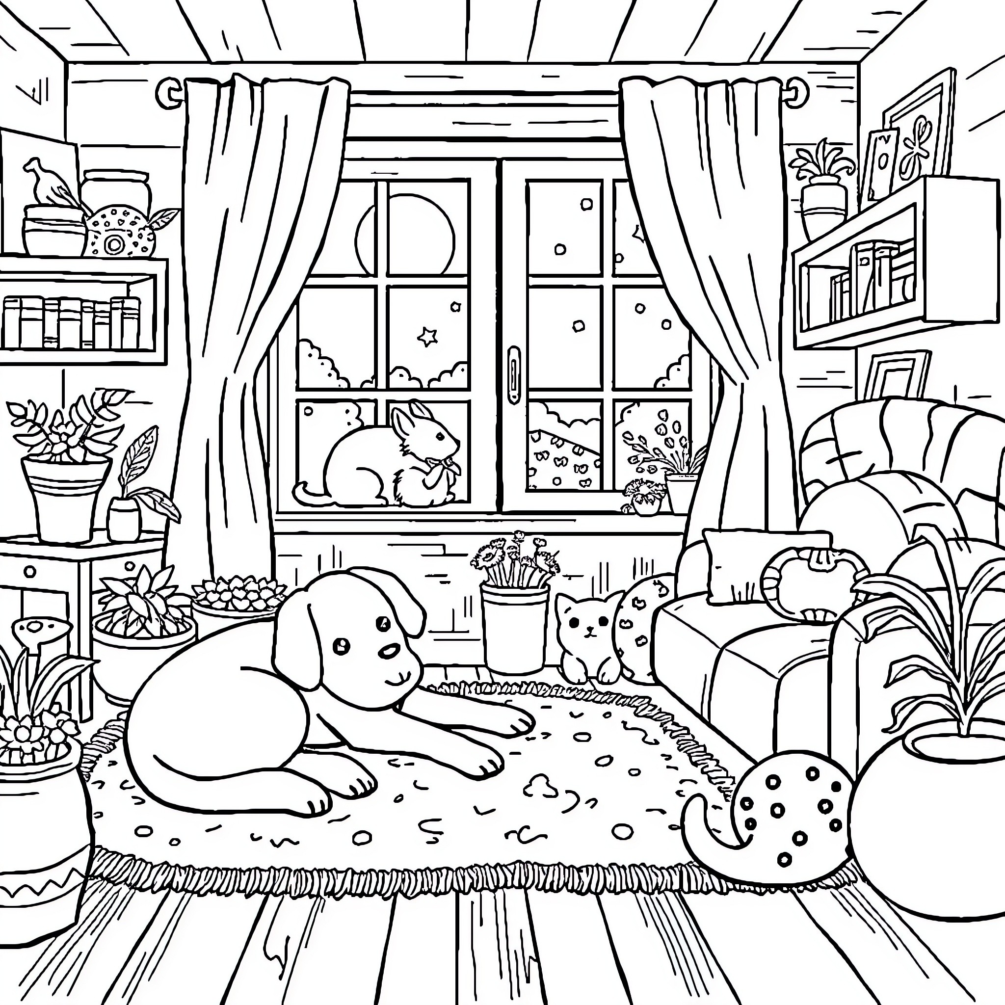Home Comfort: Cozy Indoor Scene with Pets Coloring Page (free black-and-white line drawing printable PDF for all, from beginners to advanced learners, including children, teens, adults, and seniors)