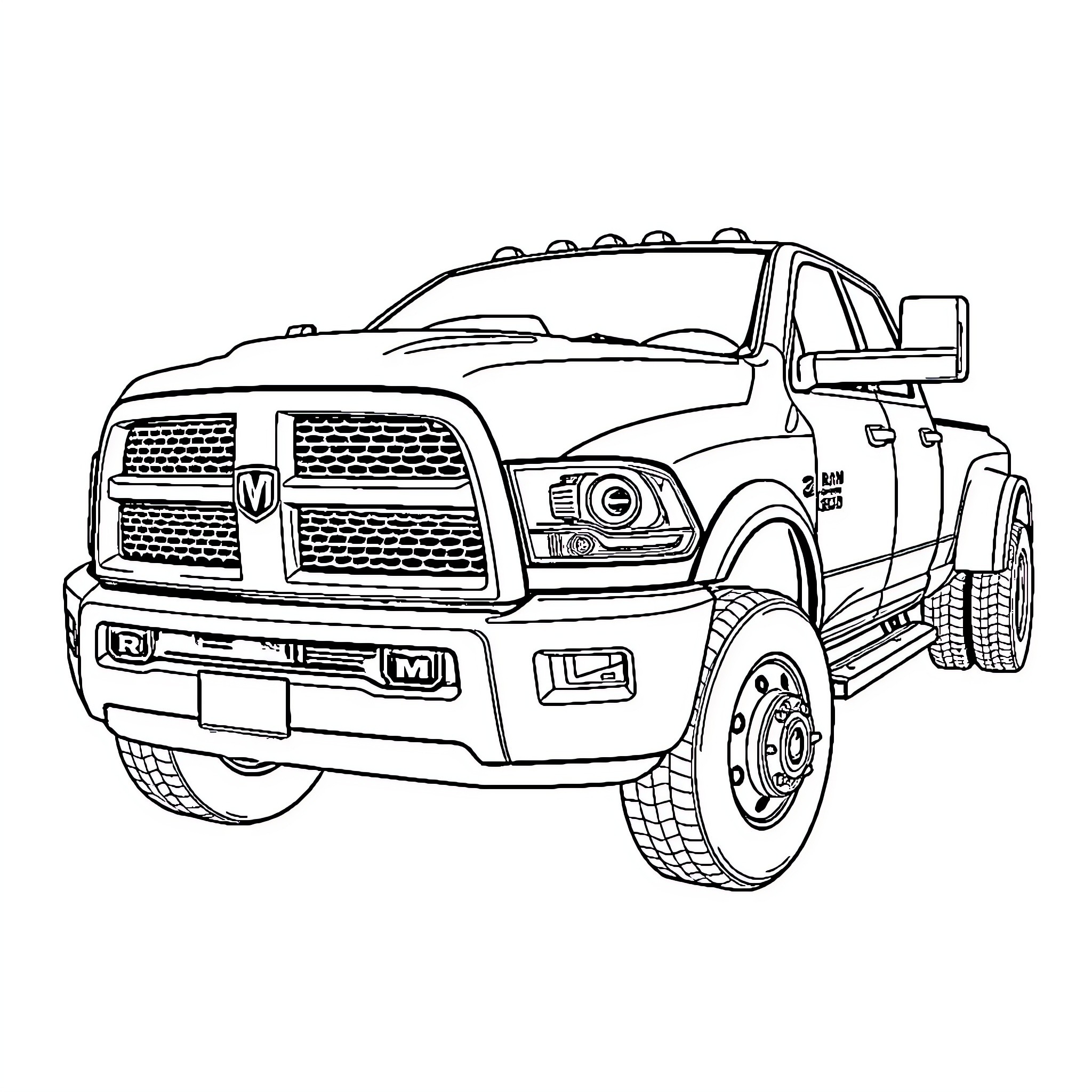 Ram Heavy Duty Truck Illustration Coloring Page (free black-and-white line drawing printable PDF for all, from beginners to advanced learners, including children, teens, adults, and seniors)
