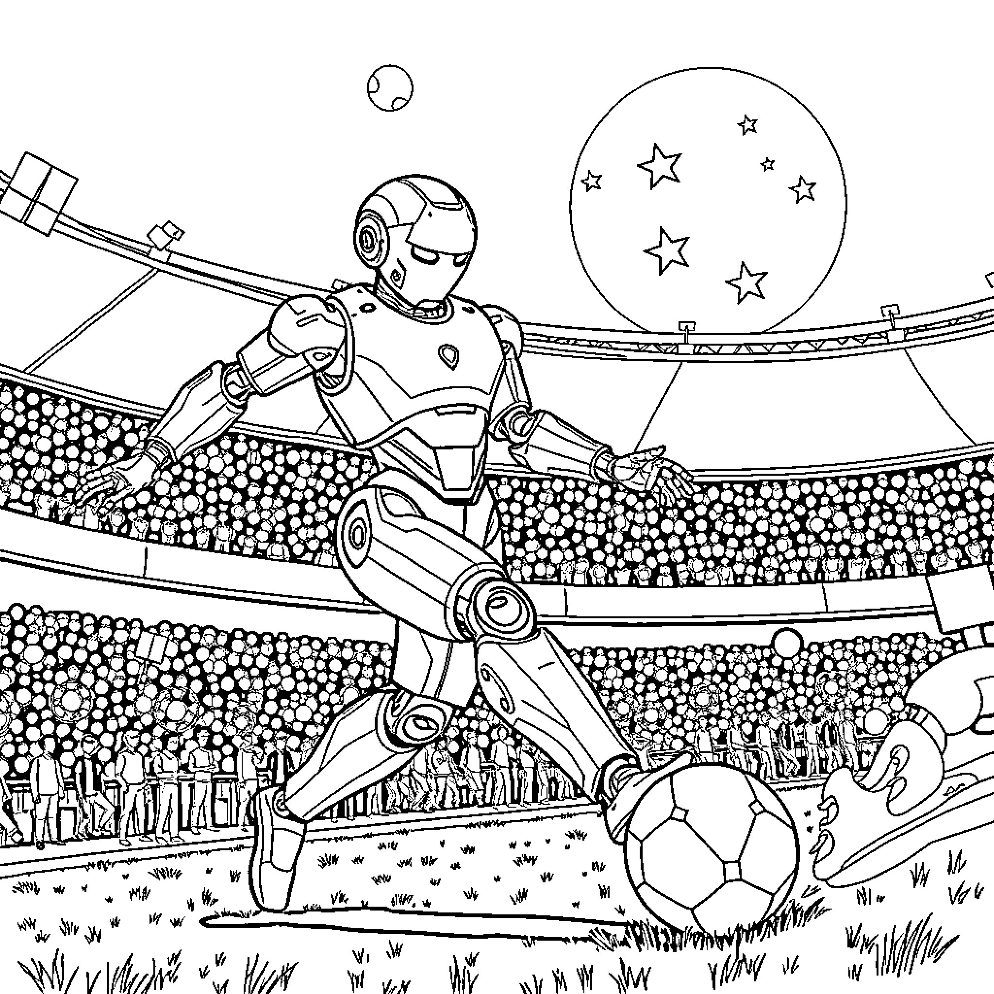 AI Robot Footballer Kicking Ball in Stadium Coloring Page (free black-and-white line drawing printable PDF for all, from beginners to advanced learners, including children, teens, adults, and seniors)