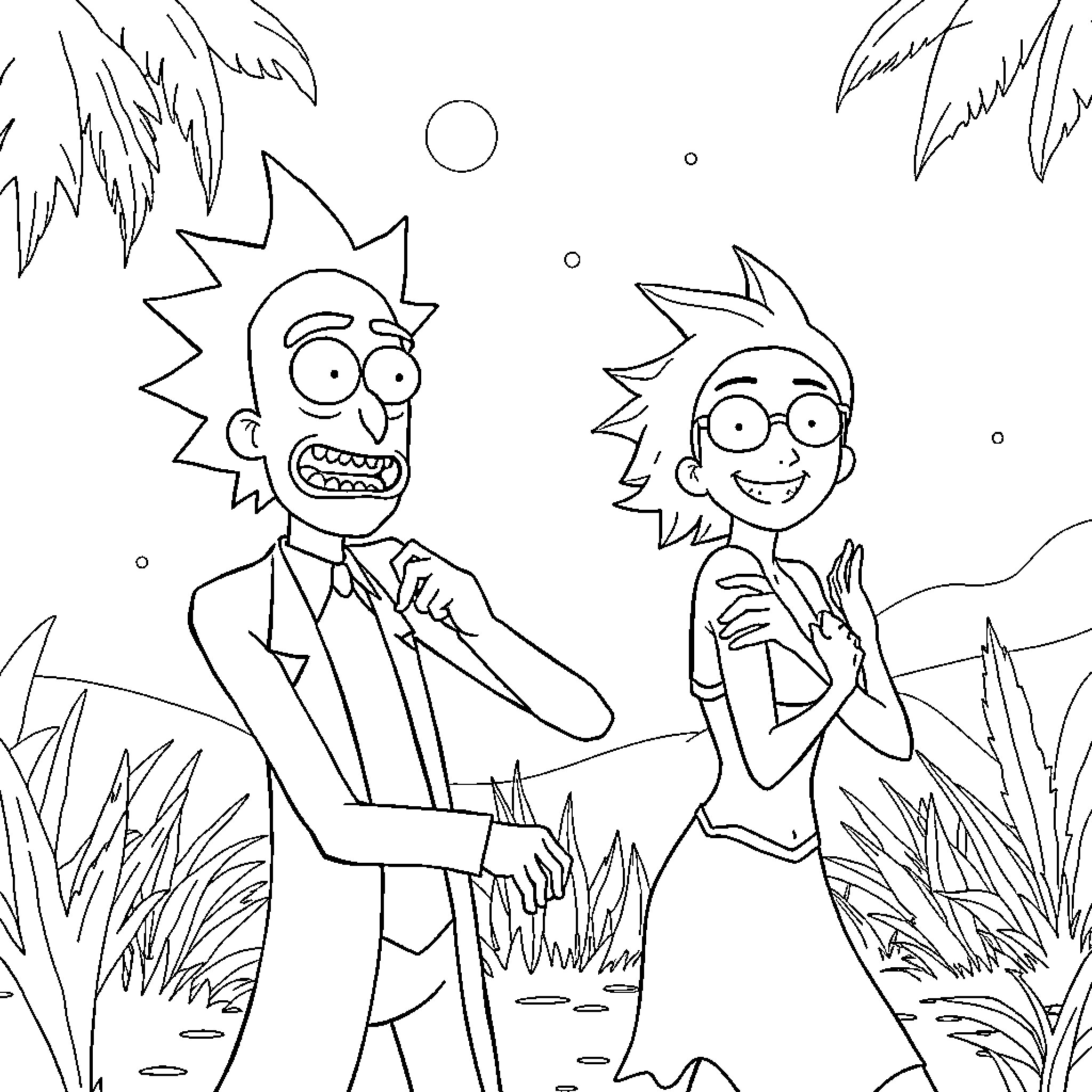 Rick And Morty's Wacky Adventure Coloring Page (free black-and-white line drawing printable PDF for all, from beginners to advanced learners, including children, teens, adults, and seniors)