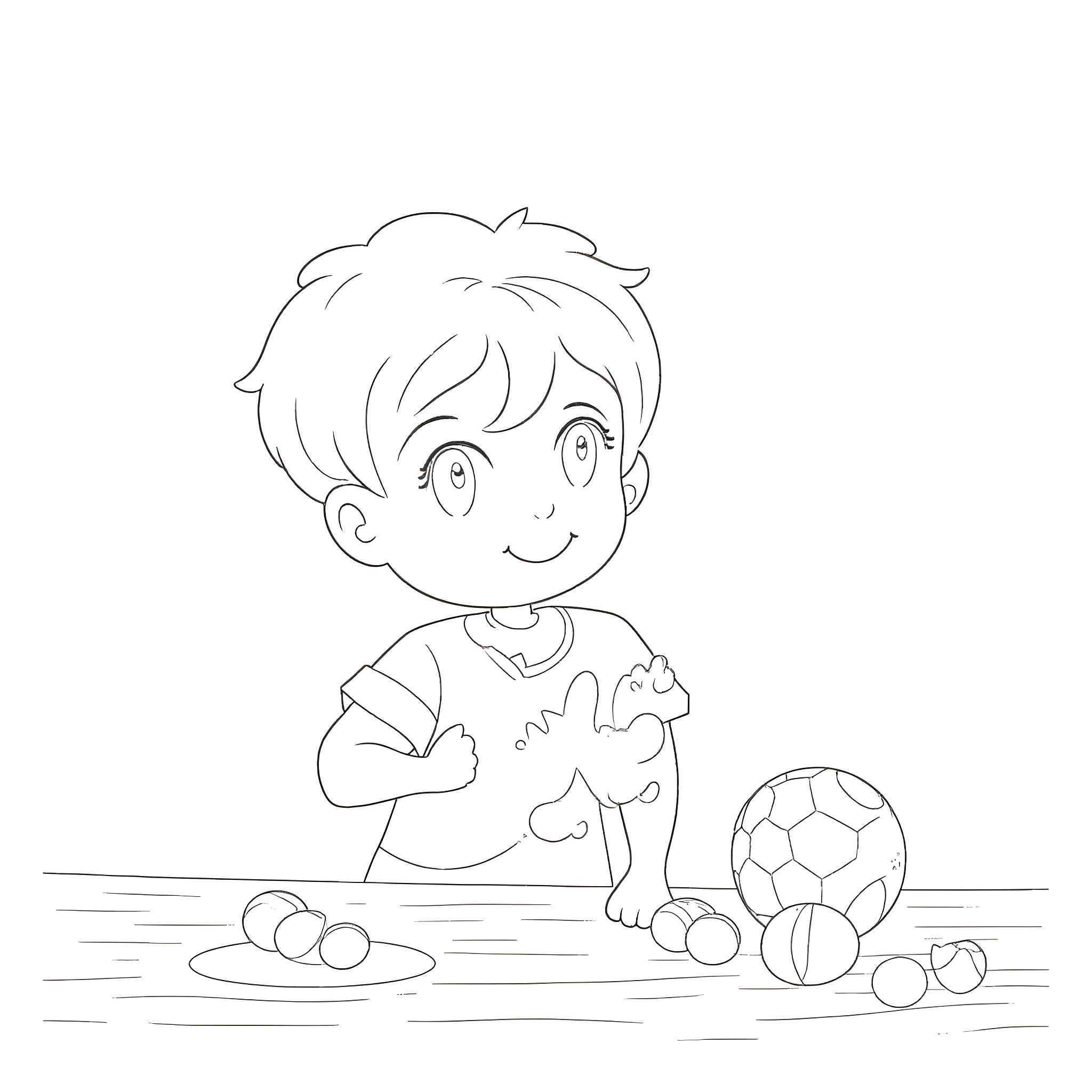 Boy playing with sports balls in park Coloring Page (free black-and-white line drawing printable PDF for all, from beginners to advanced learners, including children, teens, adults, and seniors)