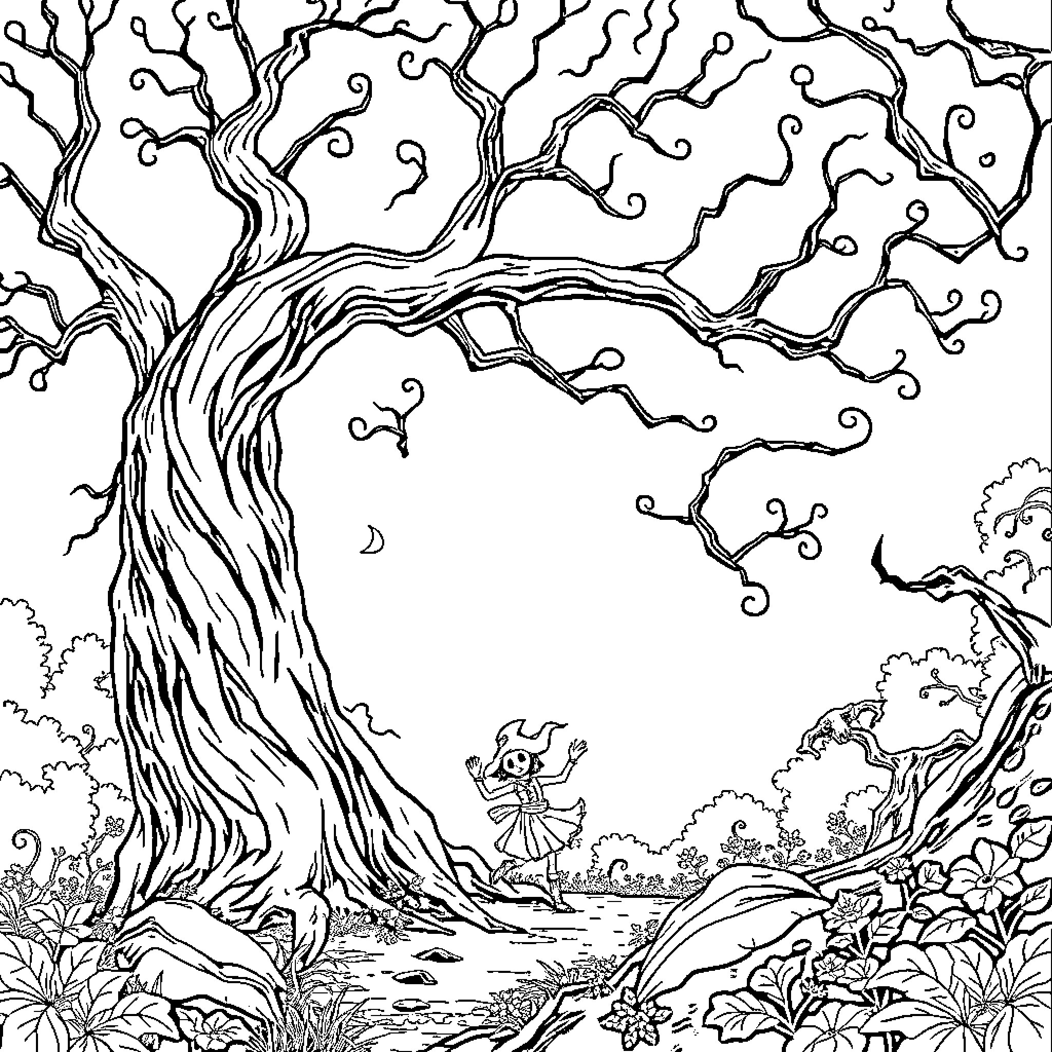 Tree with Twisted Branches in Enchanted Forest Coloring Page (free black-and-white line drawing printable PDF for all, from beginners to advanced learners, including children, teens, adults, and seniors)