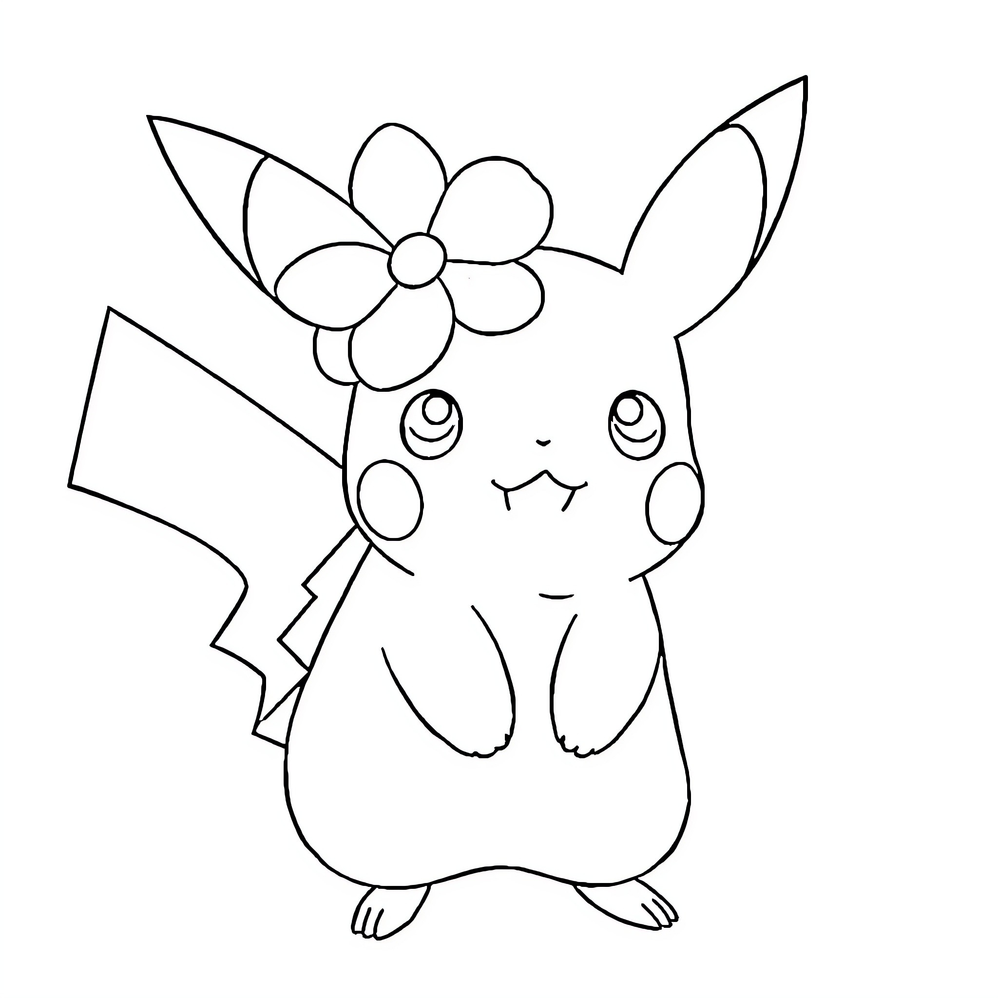 Pikachu with a flower crown Coloring Page (free black-and-white line drawing printable PDF for all, from beginners to advanced learners, including children, teens, adults, and seniors)