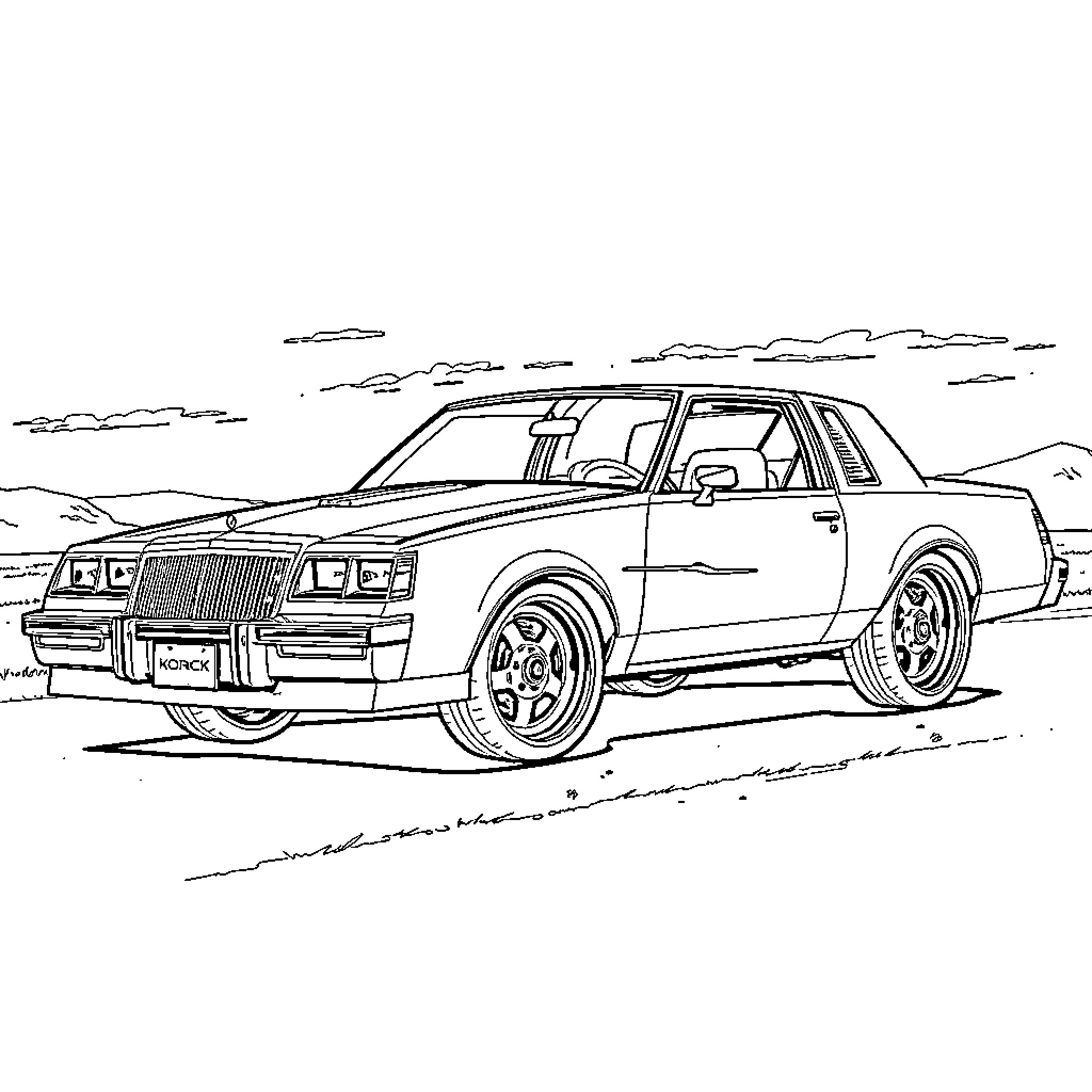 Buick classic sports car on scenic road Coloring Page (free black-and-white line drawing printable PDF for all, from beginners to advanced learners, including children, teens, adults, and seniors)