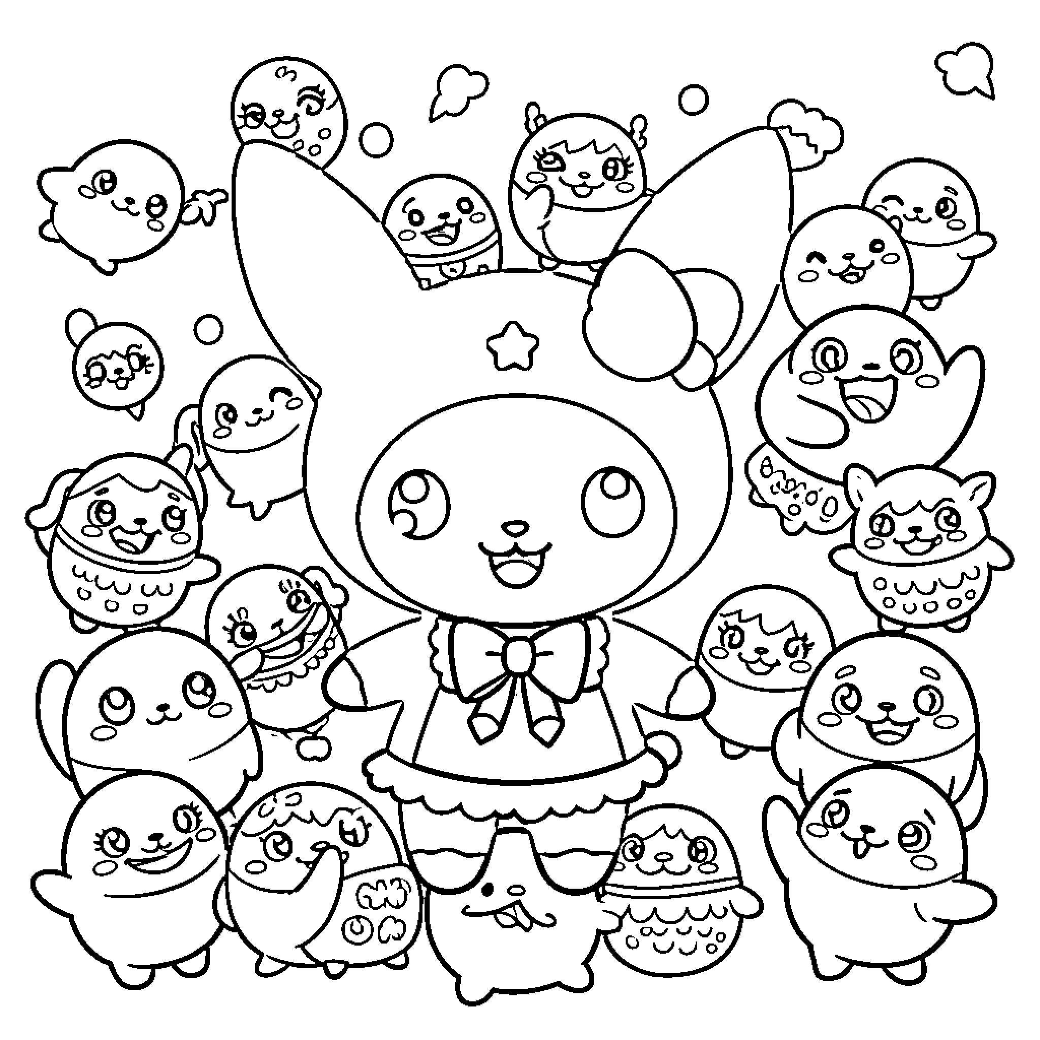Kuromi and her whimsical friends in a playful scene Coloring Page (free black-and-white line drawing printable PDF for all, from beginners to advanced learners, including children, teens, adults, and seniors)