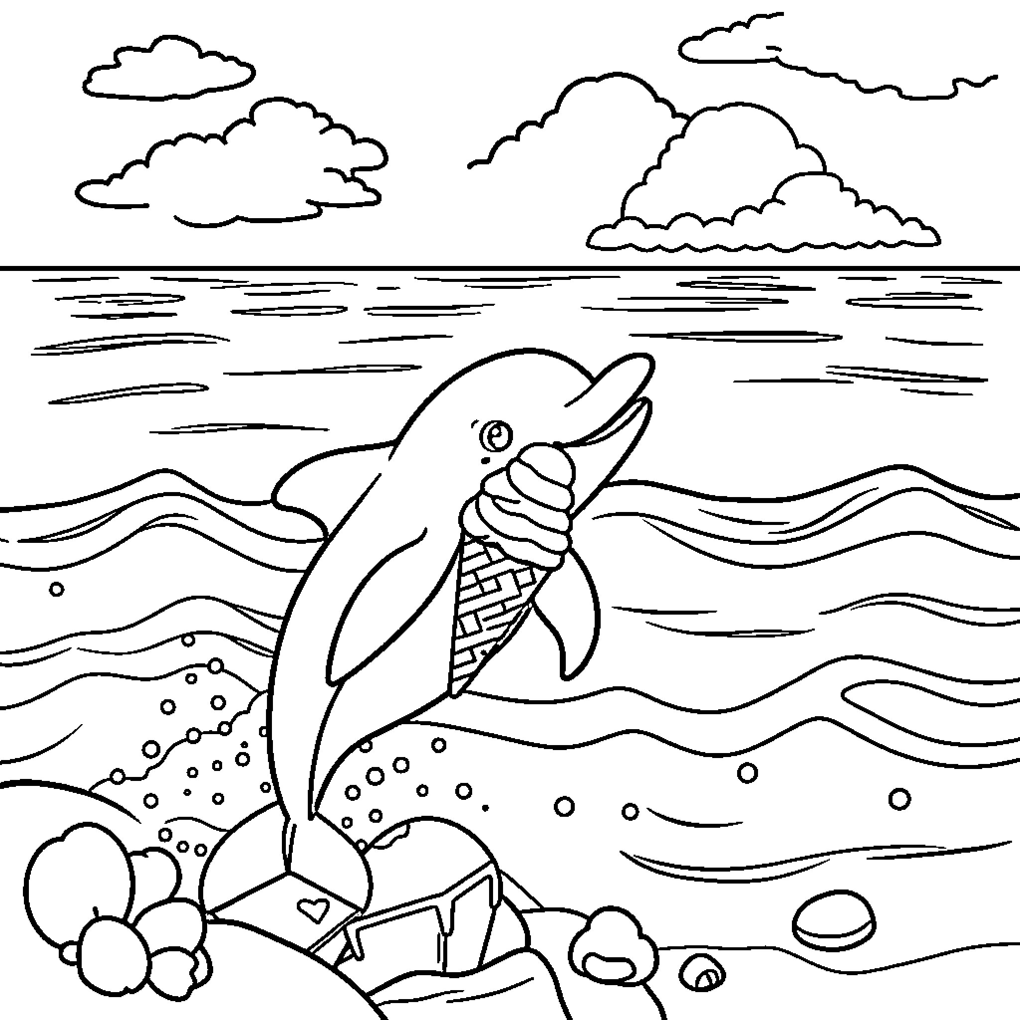 Dolphin playing happily in the ocean Coloring Page (free black-and-white line drawing printable PDF for all, from beginners to advanced learners, including children, teens, adults, and seniors)