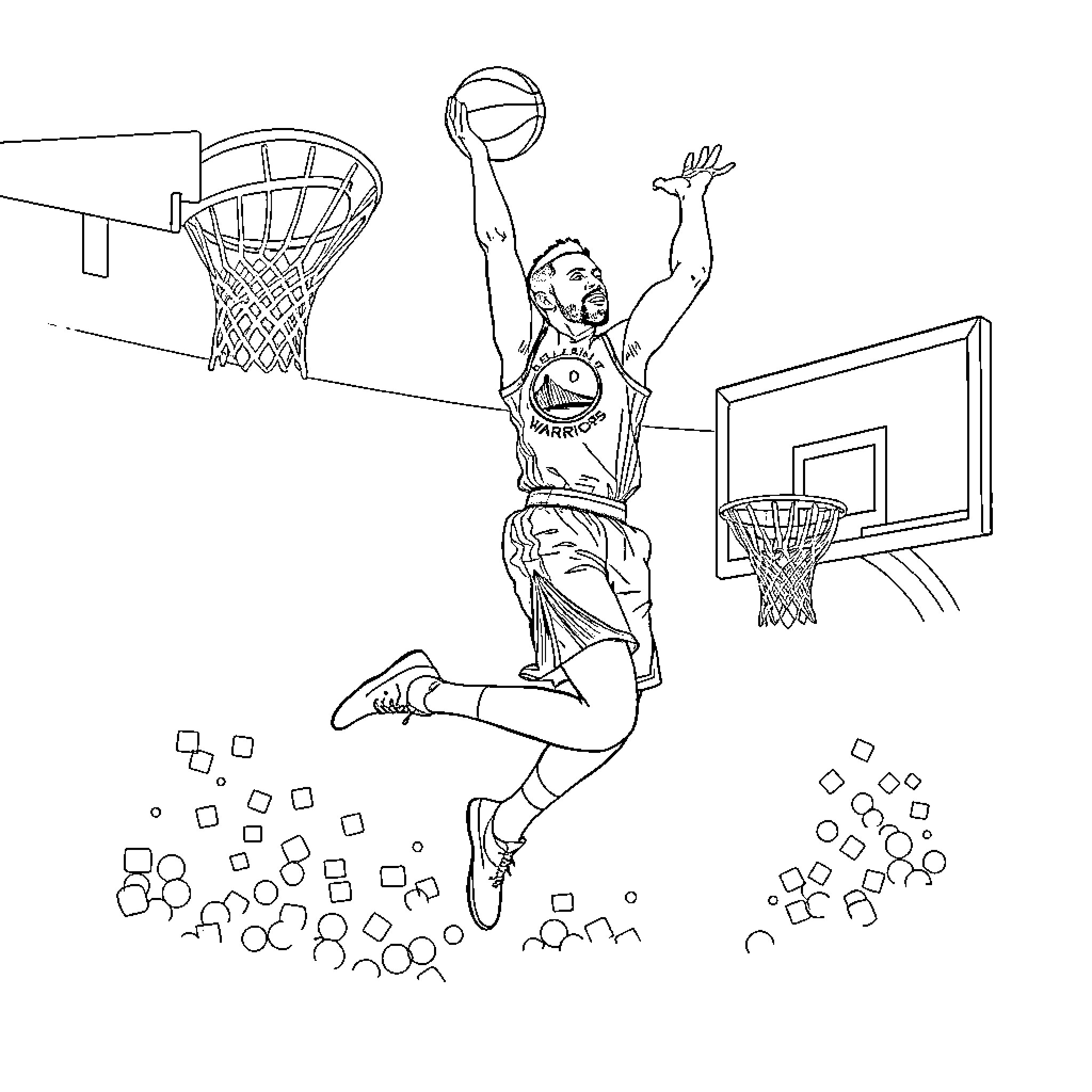 Steph Curry's basketball skills in action Coloring Page (free black-and-white line drawing printable PDF for all, from beginners to advanced learners, including children, teens, adults, and seniors)