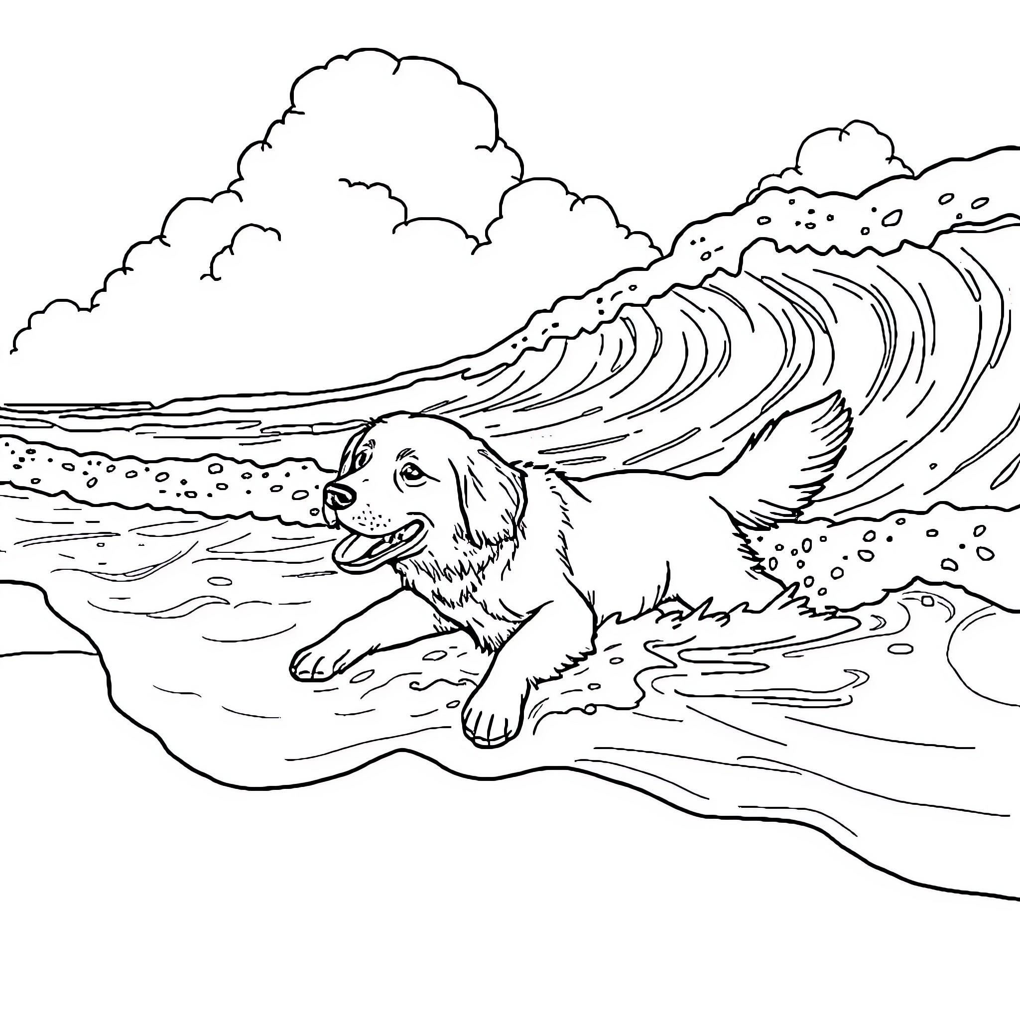 Golden Retriever enjoying the waves at the beach Coloring Page (free black-and-white line drawing printable PDF for all, from beginners to advanced learners, including children, teens, adults, and seniors)