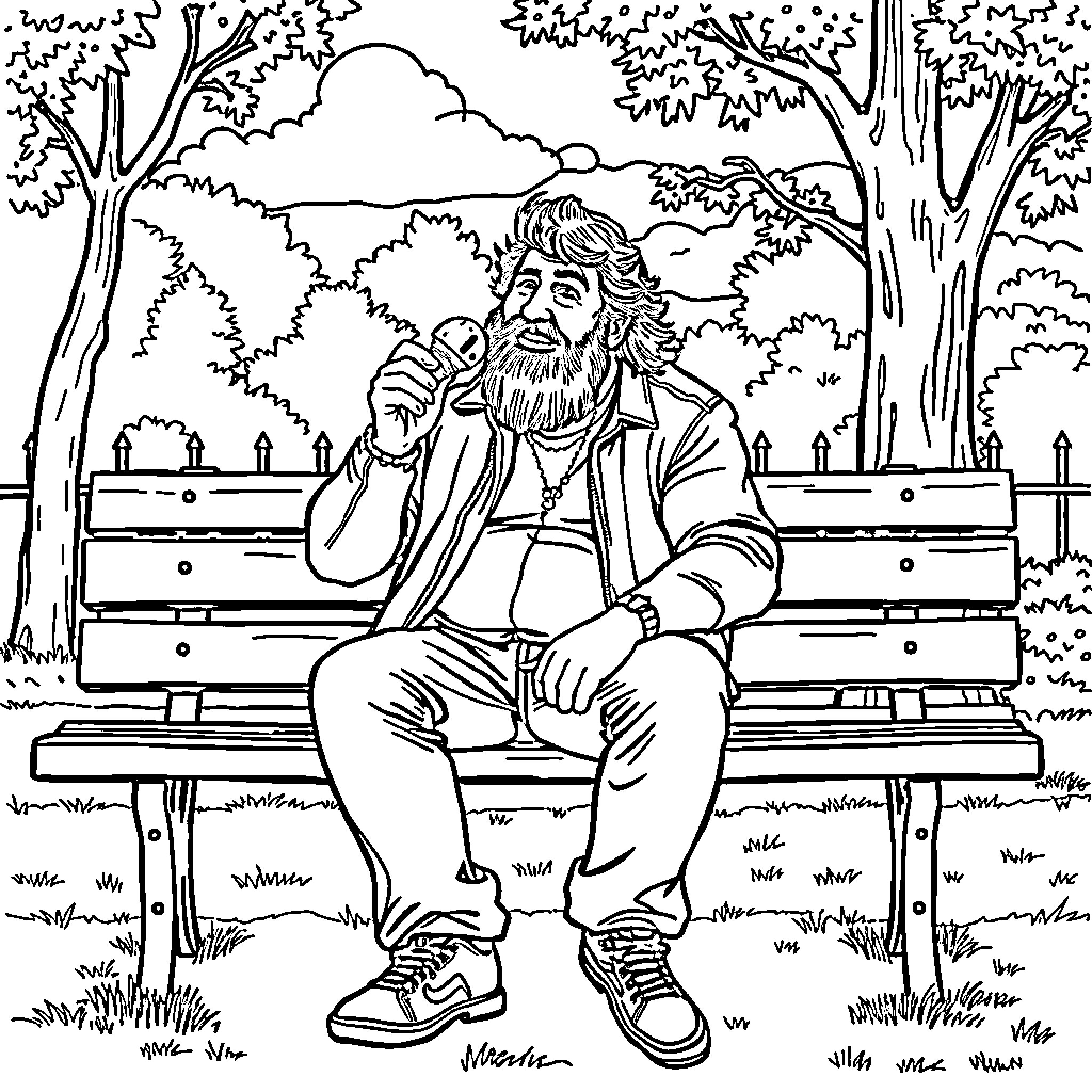 Mick Foley enjoying a peaceful moment on a park bench Coloring Page (free black-and-white line drawing printable PDF for all, from beginners to advanced learners, including children, teens, adults, and seniors)