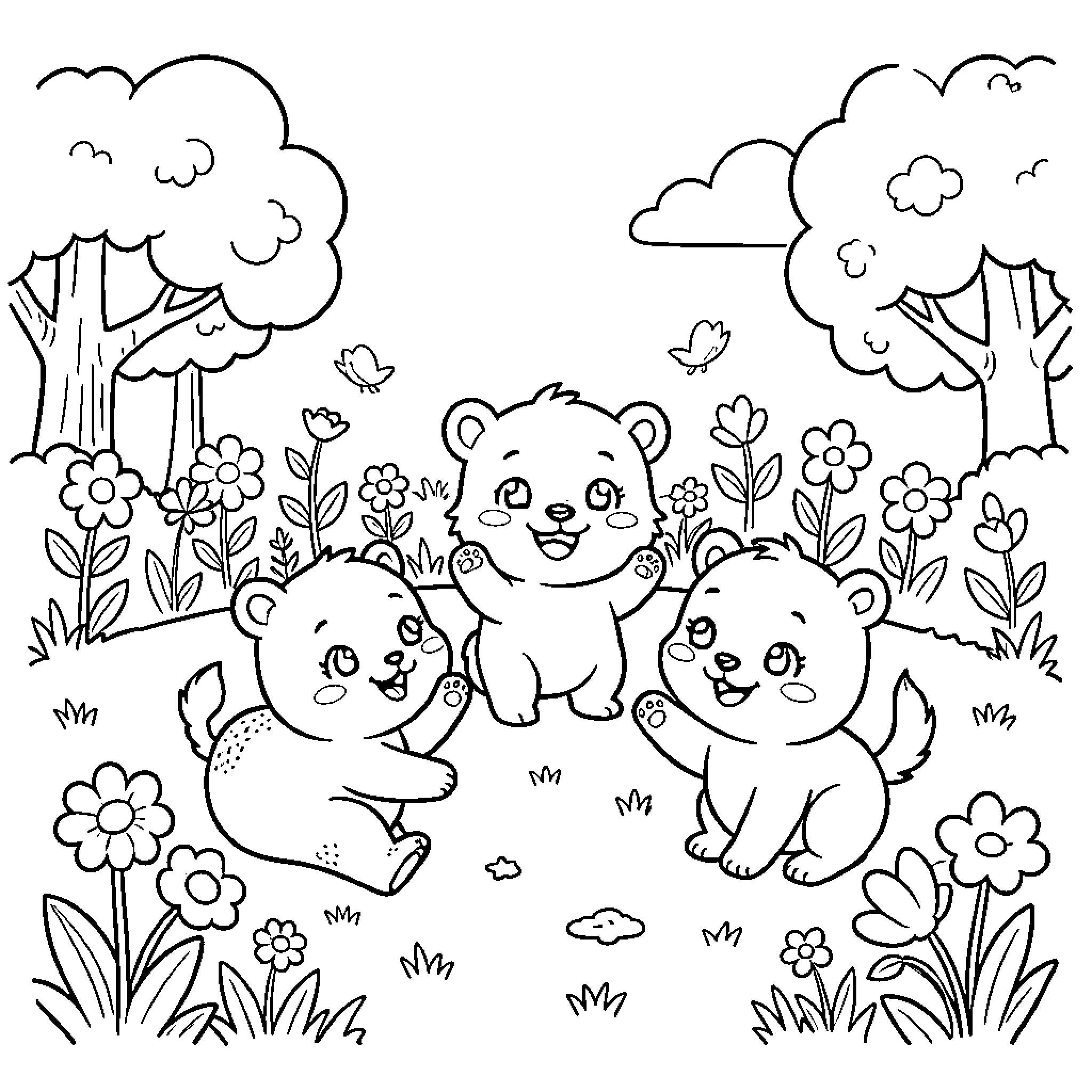 Baby Animals Playing in Floral Garden Coloring Page (free black-and-white line drawing printable PDF for all, from beginners to advanced learners, including children, teens, adults, and seniors)