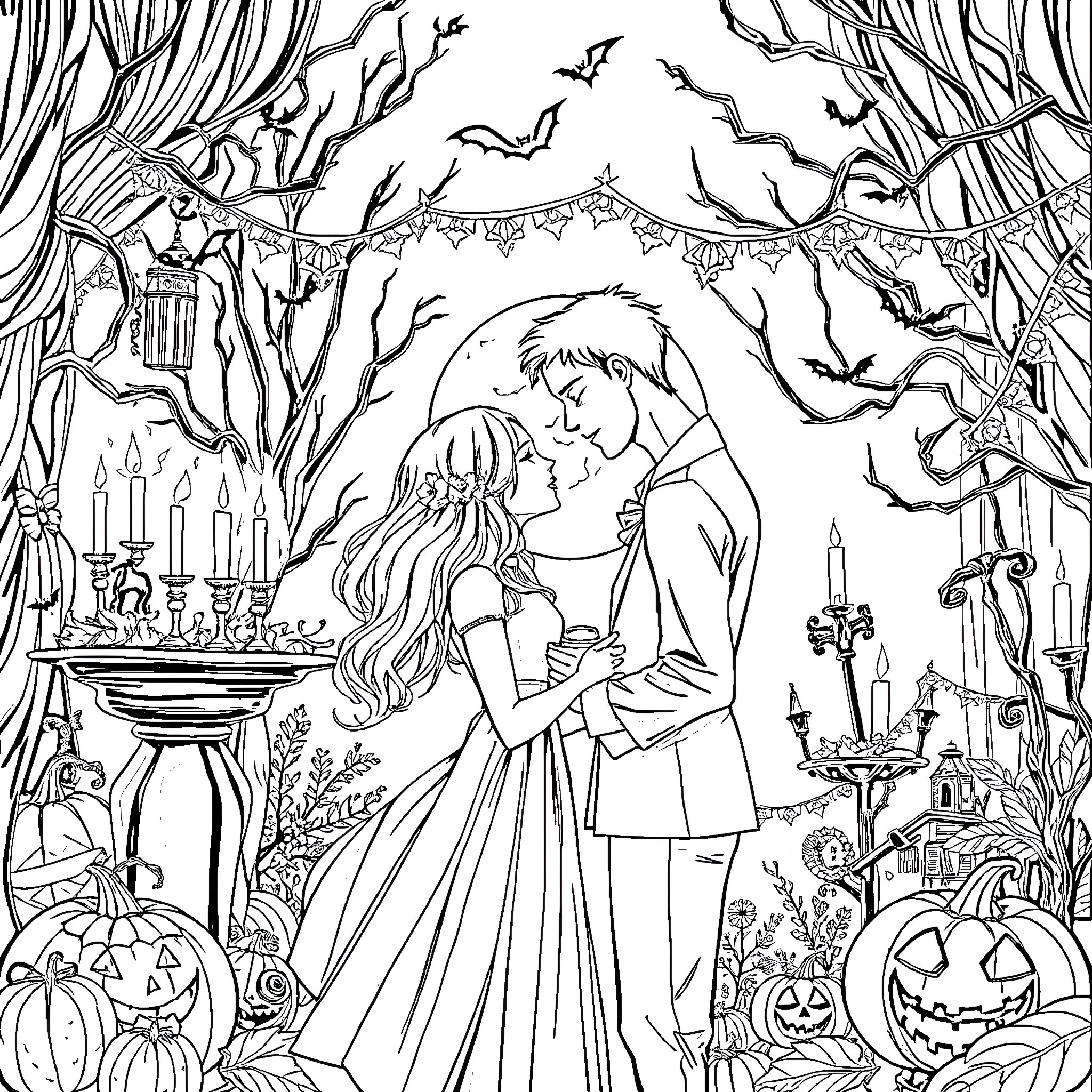 Halloween Romance in a Spooky Forest Coloring Page (free black-and-white line drawing printable PDF for all, from beginners to advanced learners, including children, teens, adults, and seniors)