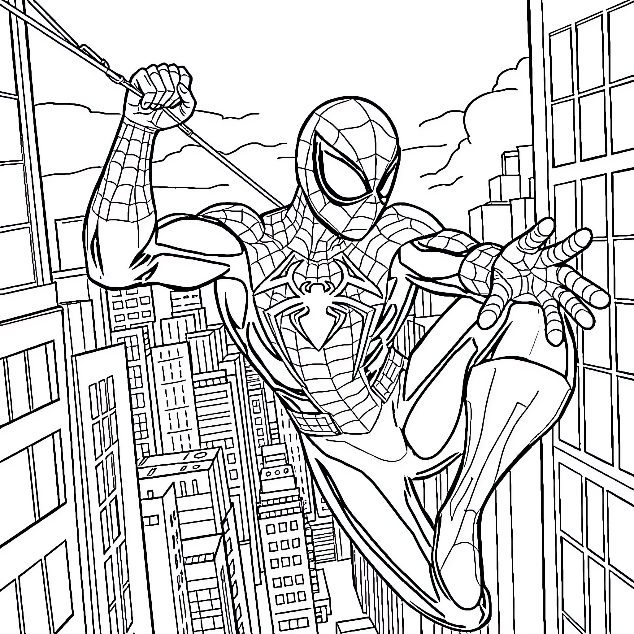 Spider-Man swinging through the city skyline Coloring Page (free black-and-white line drawing printable PDF for all, from beginners to advanced learners, including children, teens, adults, and seniors)