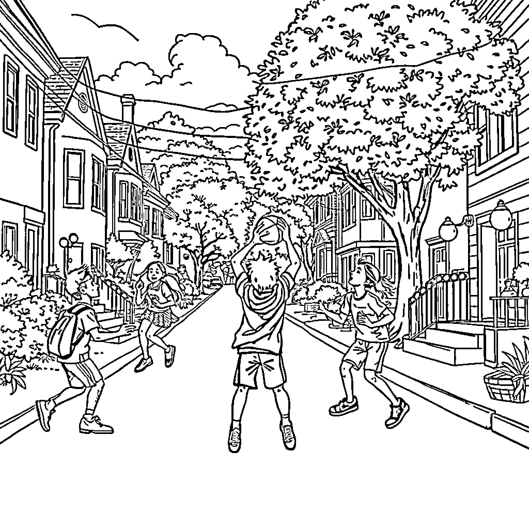 Students enjoying lively outdoor street scene Coloring Page (free black-and-white line drawing printable PDF for all, from beginners to advanced learners, including children, teens, adults, and seniors)