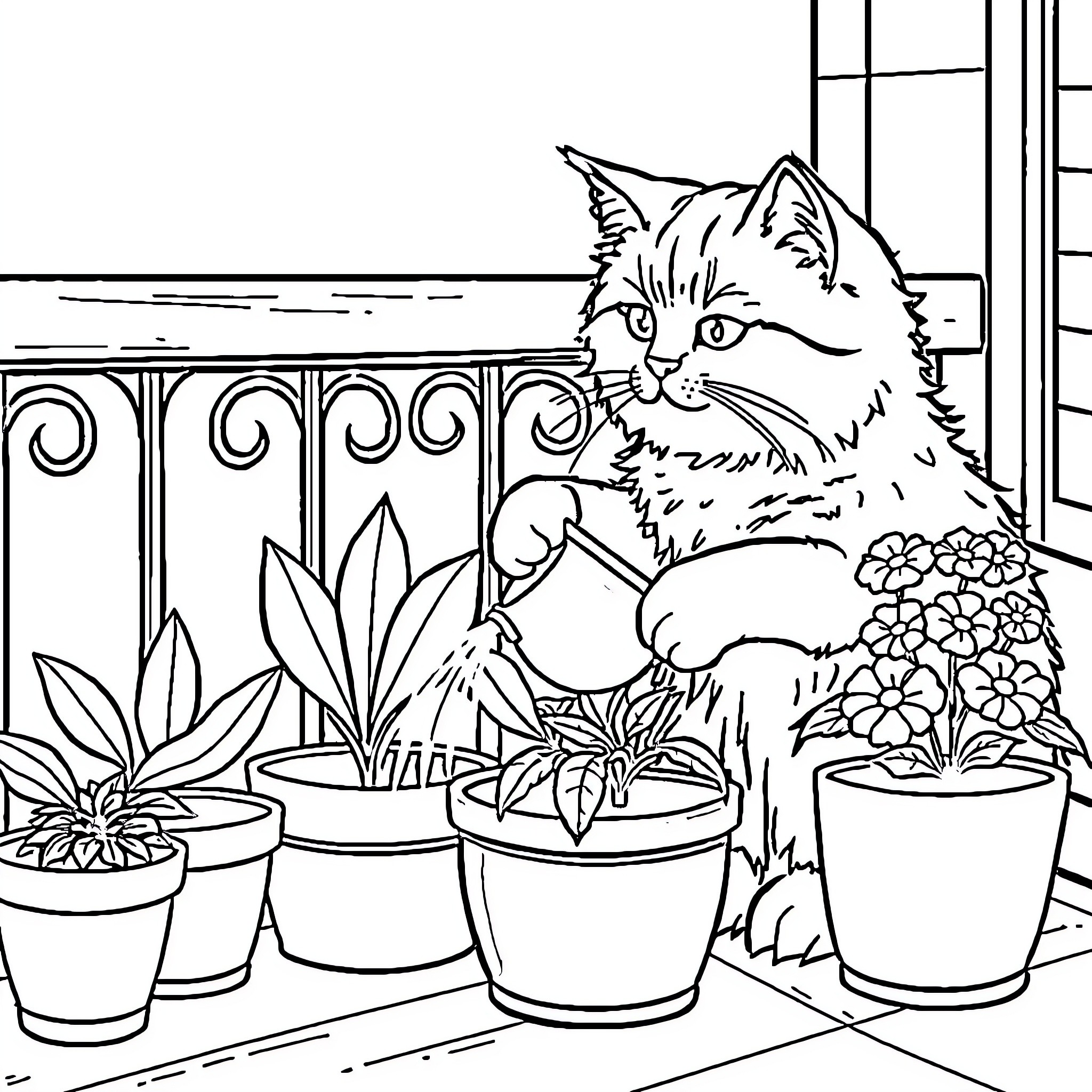 Cat observing plants on windowsill Coloring Page (free black-and-white line drawing printable PDF for all, from beginners to advanced learners, including children, teens, adults, and seniors)