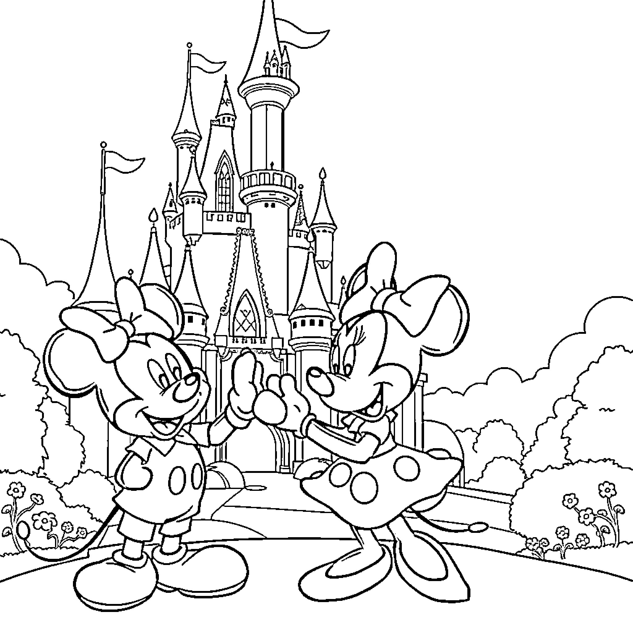 Mickey and Minnie's Dream Castle Adventure Coloring Page (free black-and-white line drawing printable PDF for all, from beginners to advanced learners, including children, teens, adults, and seniors)