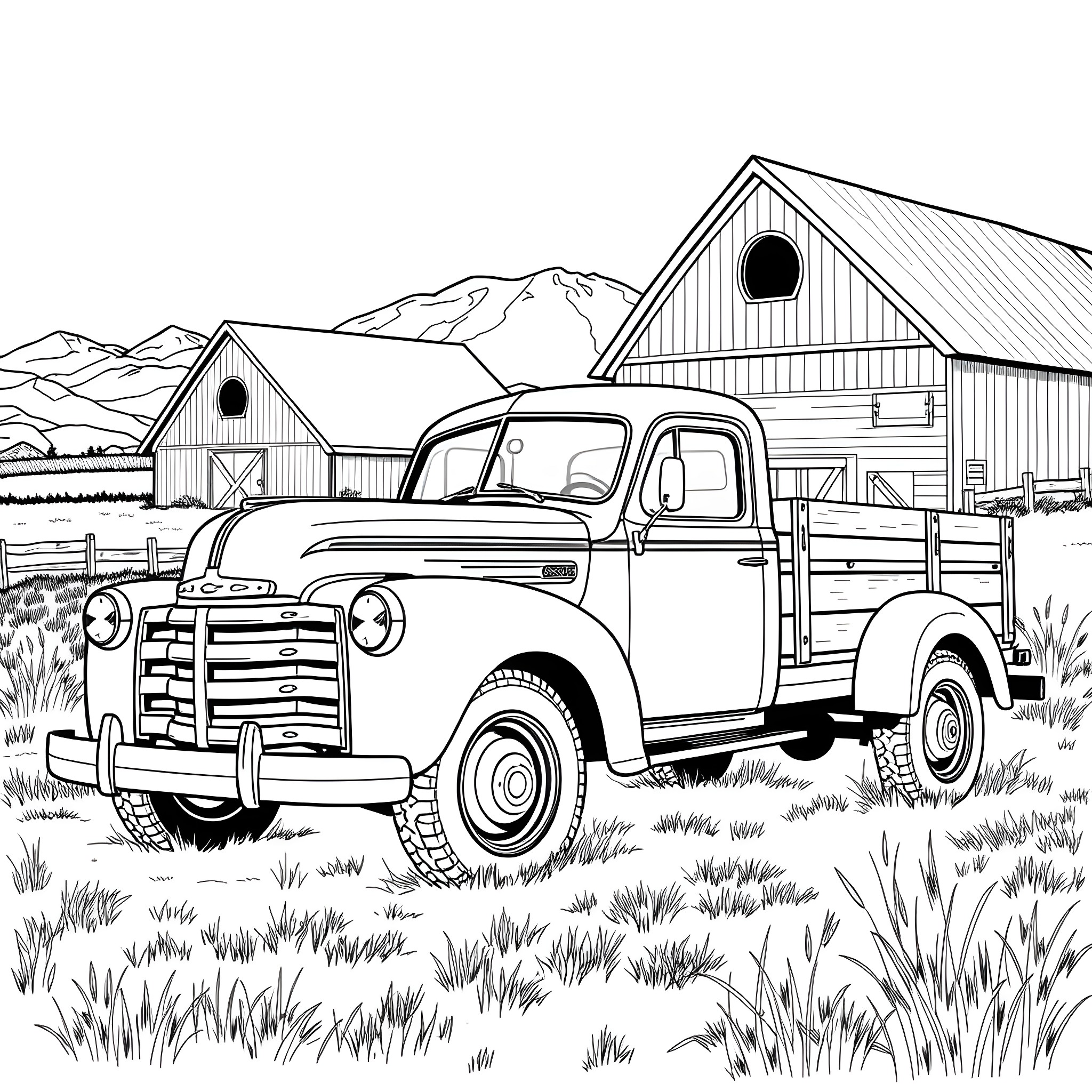 Truck carrying goods in rural setting Coloring Page (free black-and-white line drawing printable PDF for all, from beginners to advanced learners, including children, teens, adults, and seniors)