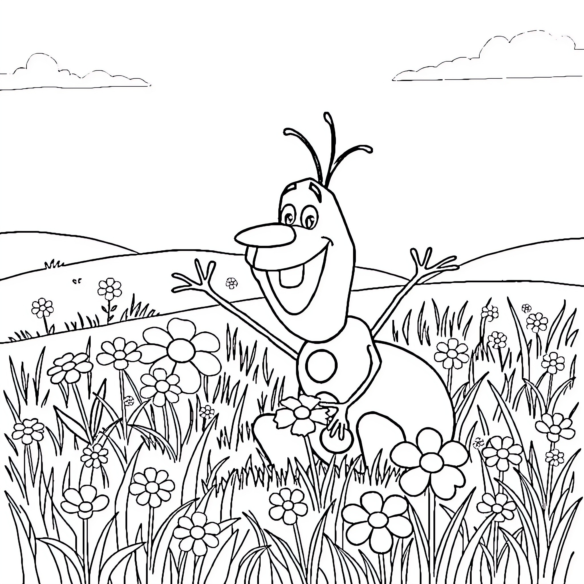 Olaf enjoying the springtime flowers Coloring Page (free black-and-white line drawing printable PDF for all, from beginners to advanced learners, including children, teens, adults, and seniors)