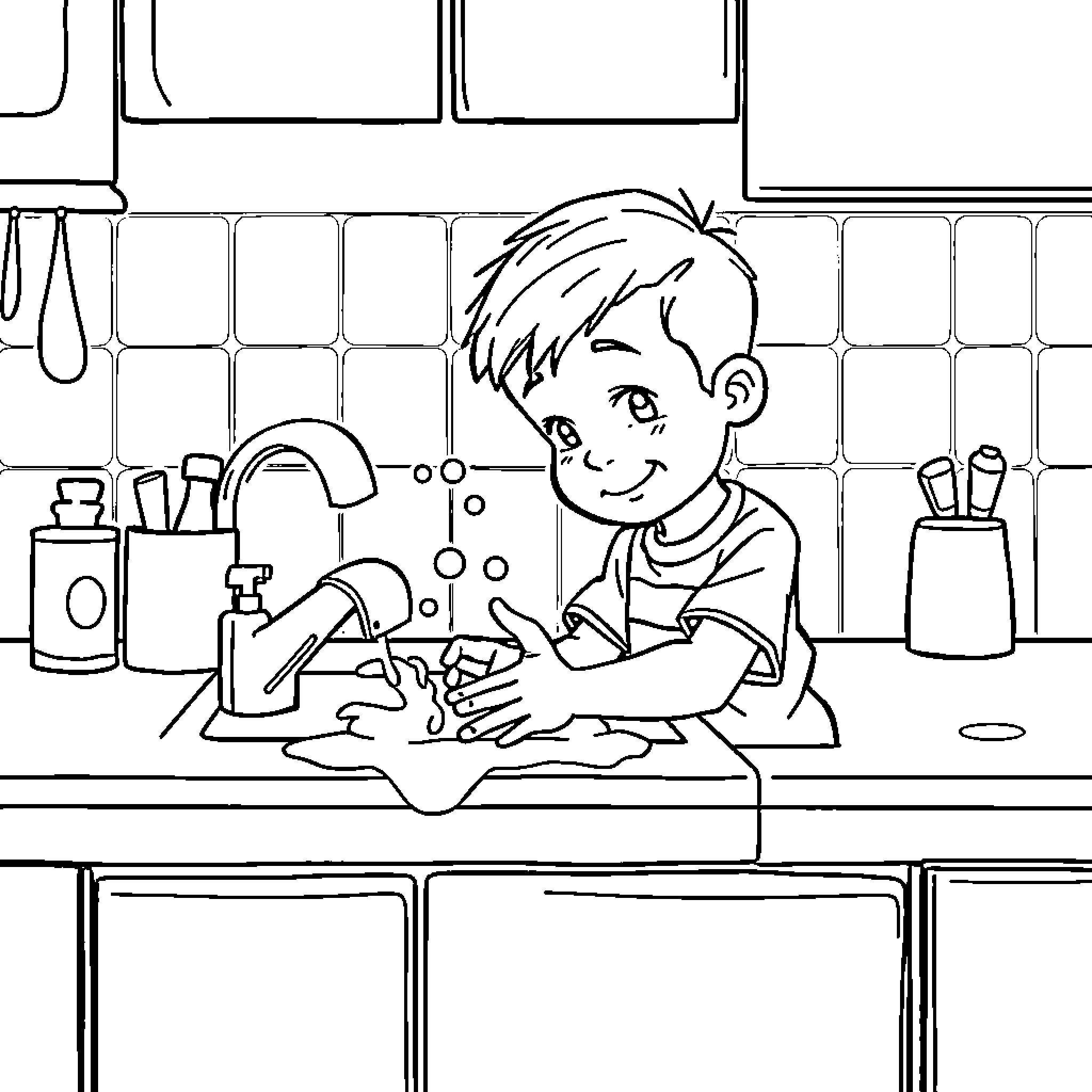 Niño washing dishes in the kitchen Coloring Page (free black-and-white line drawing printable PDF for all, from beginners to advanced learners, including children, teens, adults, and seniors)
