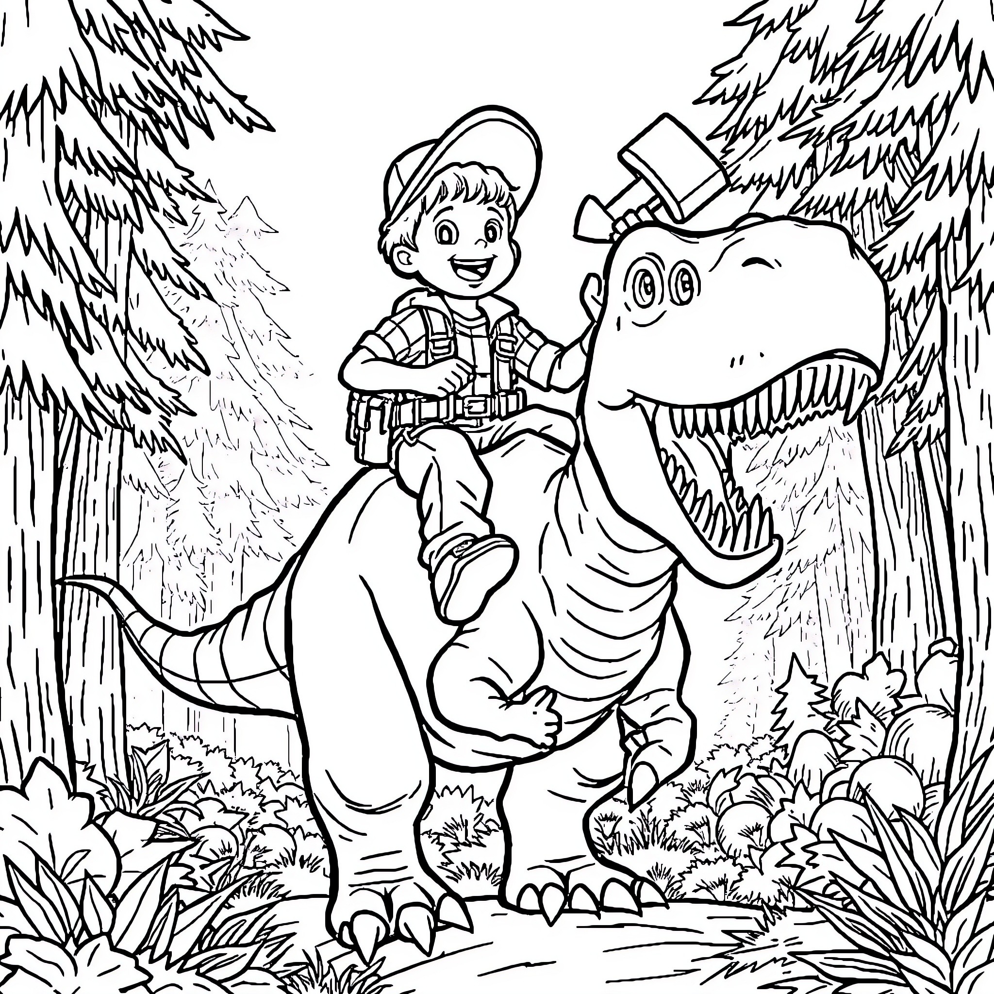 Lumberjack rides a friendly dinosaur through the forest Coloring Page (free black-and-white line drawing printable PDF for all, from beginners to advanced learners, including children, teens, adults, and seniors)