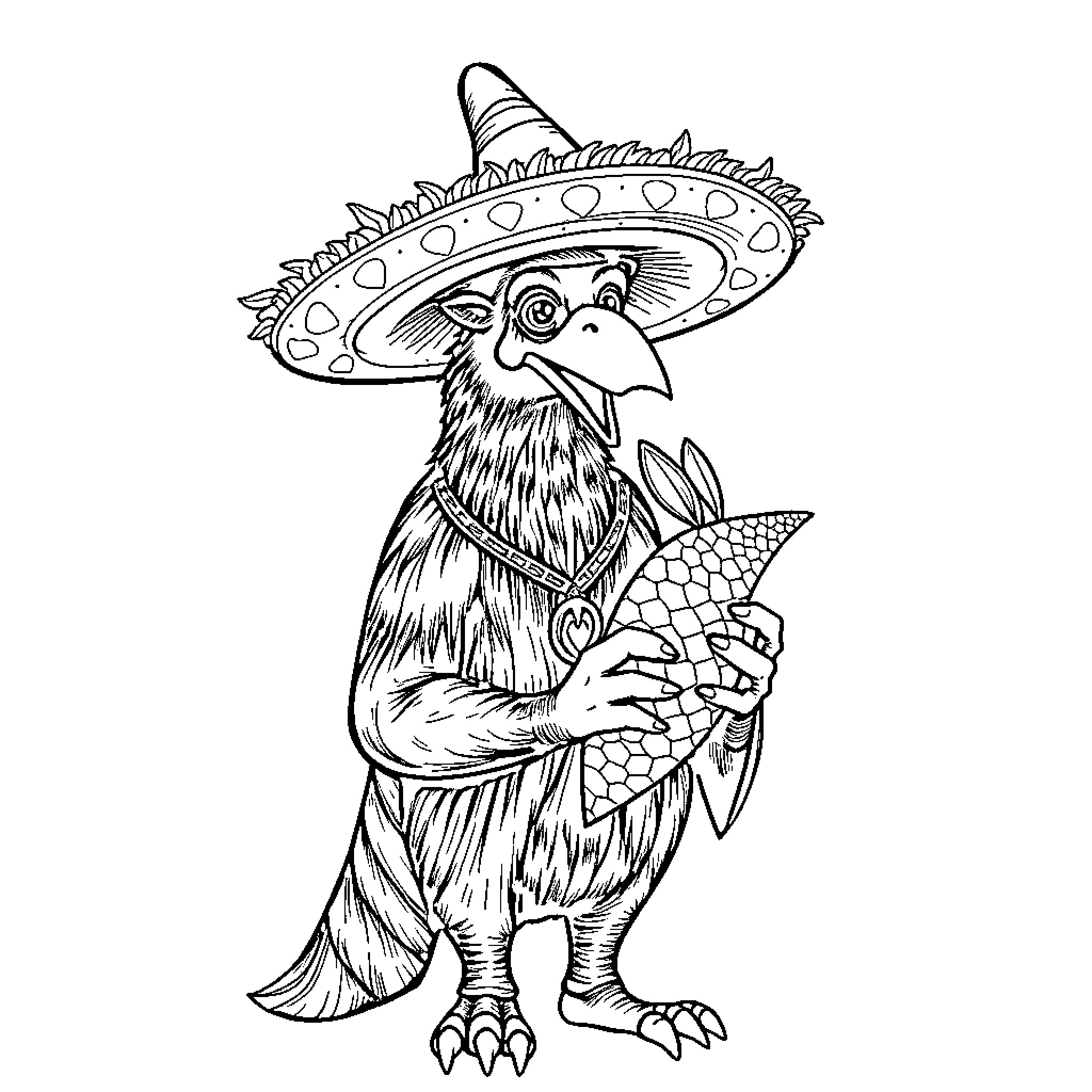 Magician bird in festive attire performing Coloring Page (free black-and-white line drawing printable PDF for all, from beginners to advanced learners, including children, teens, adults, and seniors)