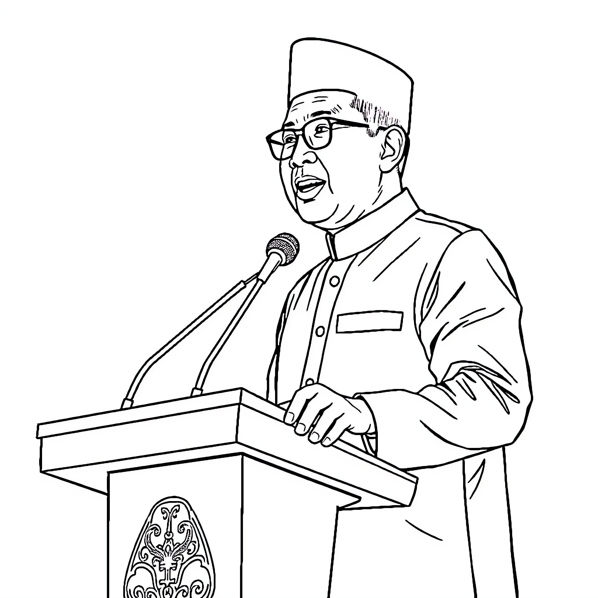 Soekarno addressing audience from podium Coloring Page (free black-and-white line drawing printable PDF for all, from beginners to advanced learners, including children, teens, adults, and seniors)