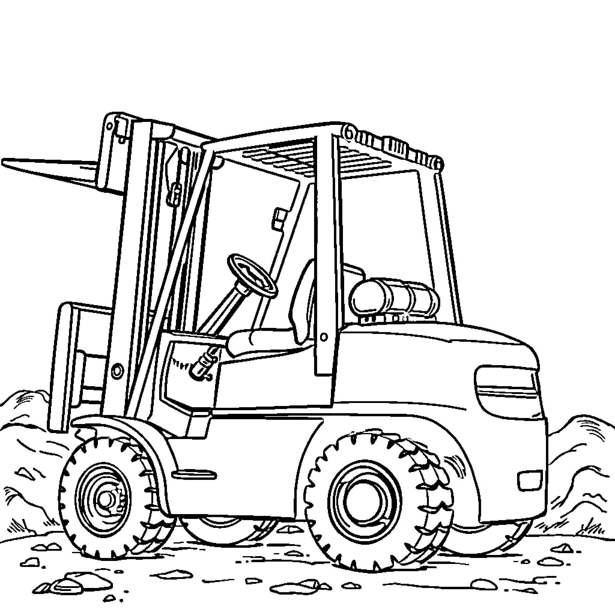 Forklift on construction site lifting heavy object Coloring Page (free black-and-white line drawing printable PDF for all, from beginners to advanced learners, including children, teens, adults, and seniors)