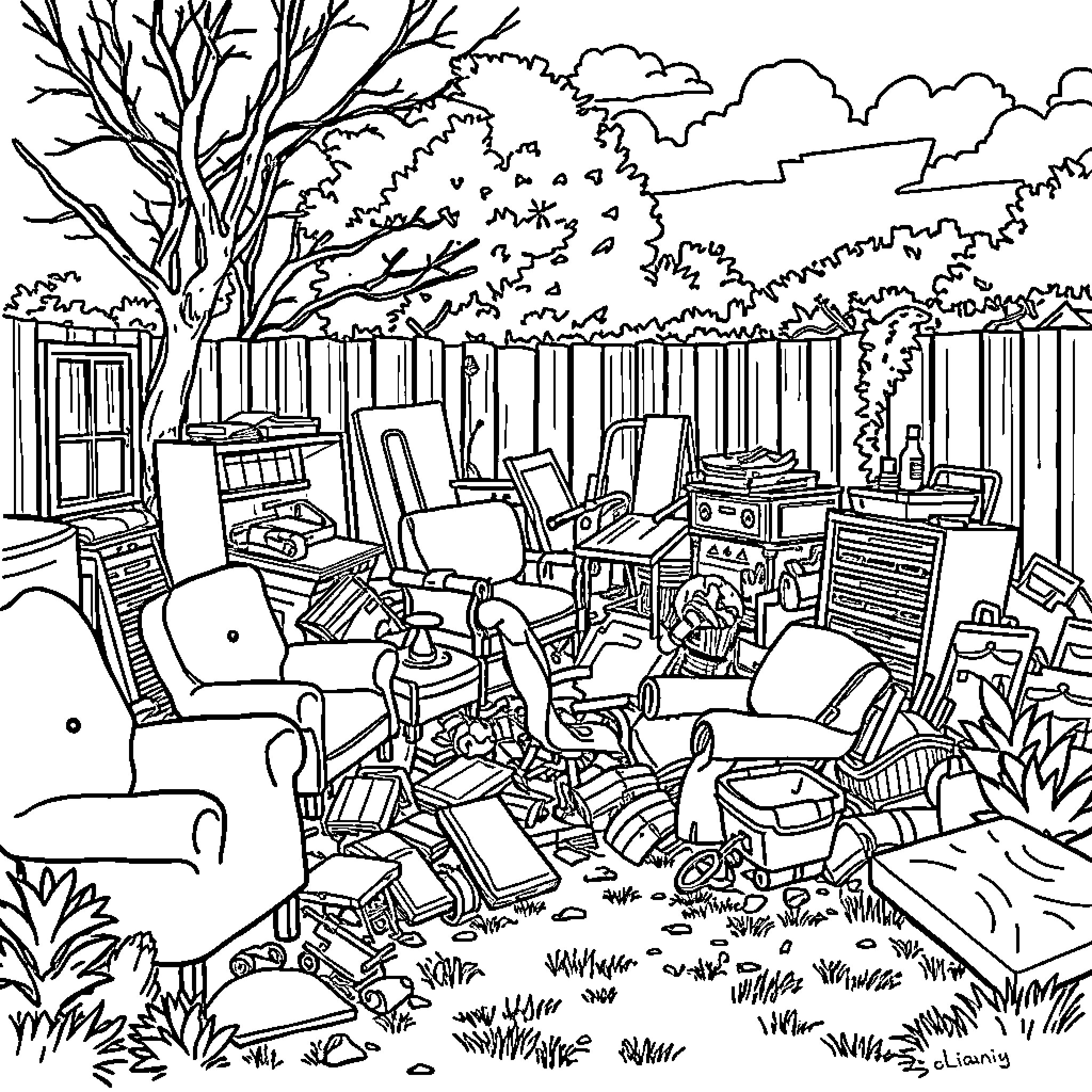 Haul of discarded household items in backyard Coloring Page (free black-and-white line drawing printable PDF for all, from beginners to advanced learners, including children, teens, adults, and seniors)