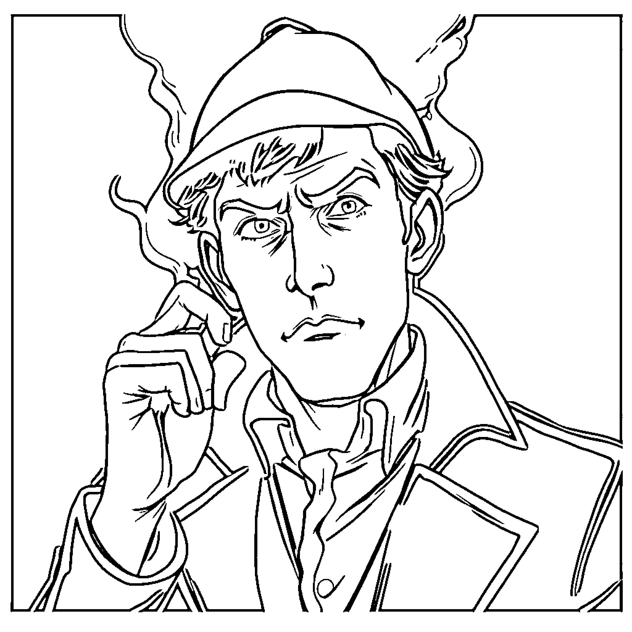 Sherlock Holmes in deep contemplation Coloring Page (free black-and-white line drawing printable PDF for all, from beginners to advanced learners, including children, teens, adults, and seniors)