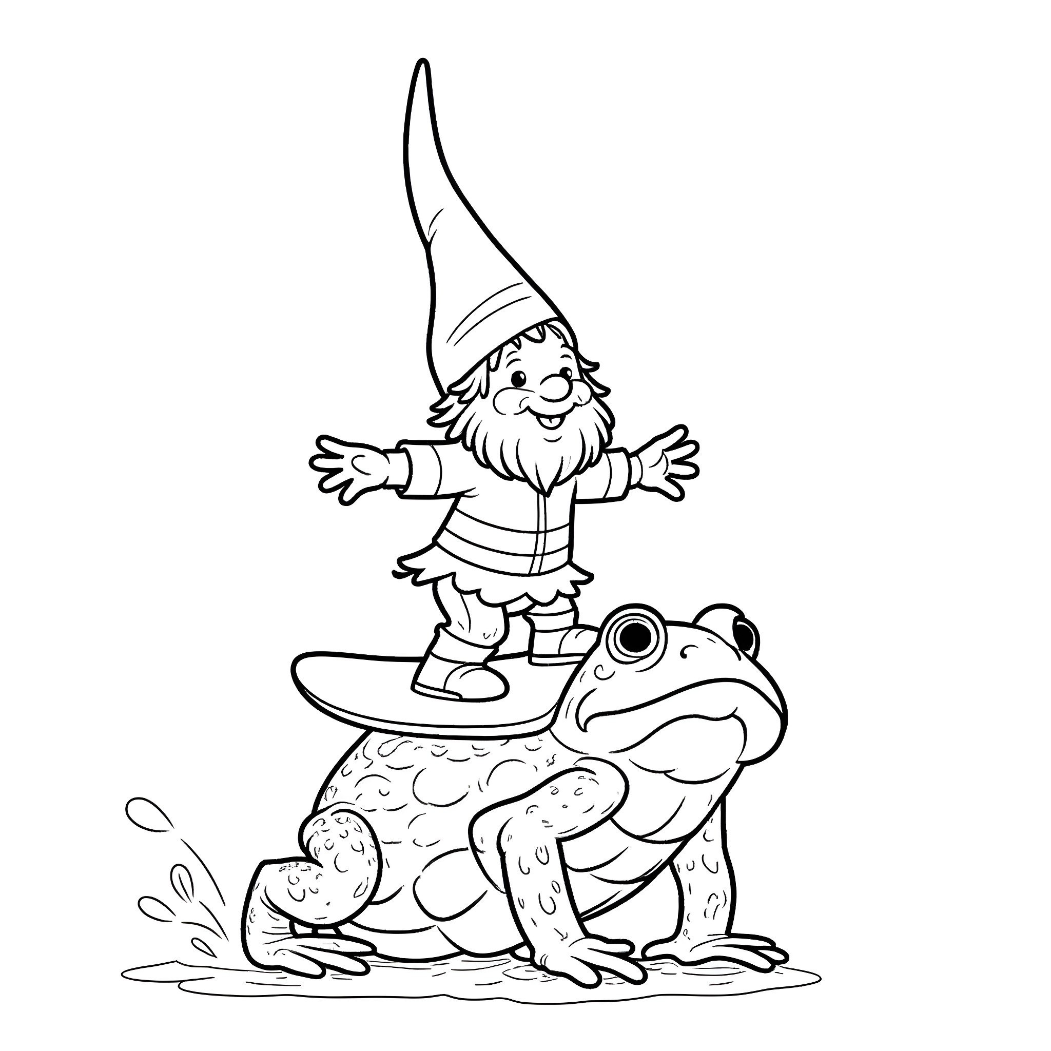 Gnome having fun with his frog friend Coloring Page (free black-and-white line drawing printable PDF for all, from beginners to advanced learners, including children, teens, adults, and seniors)