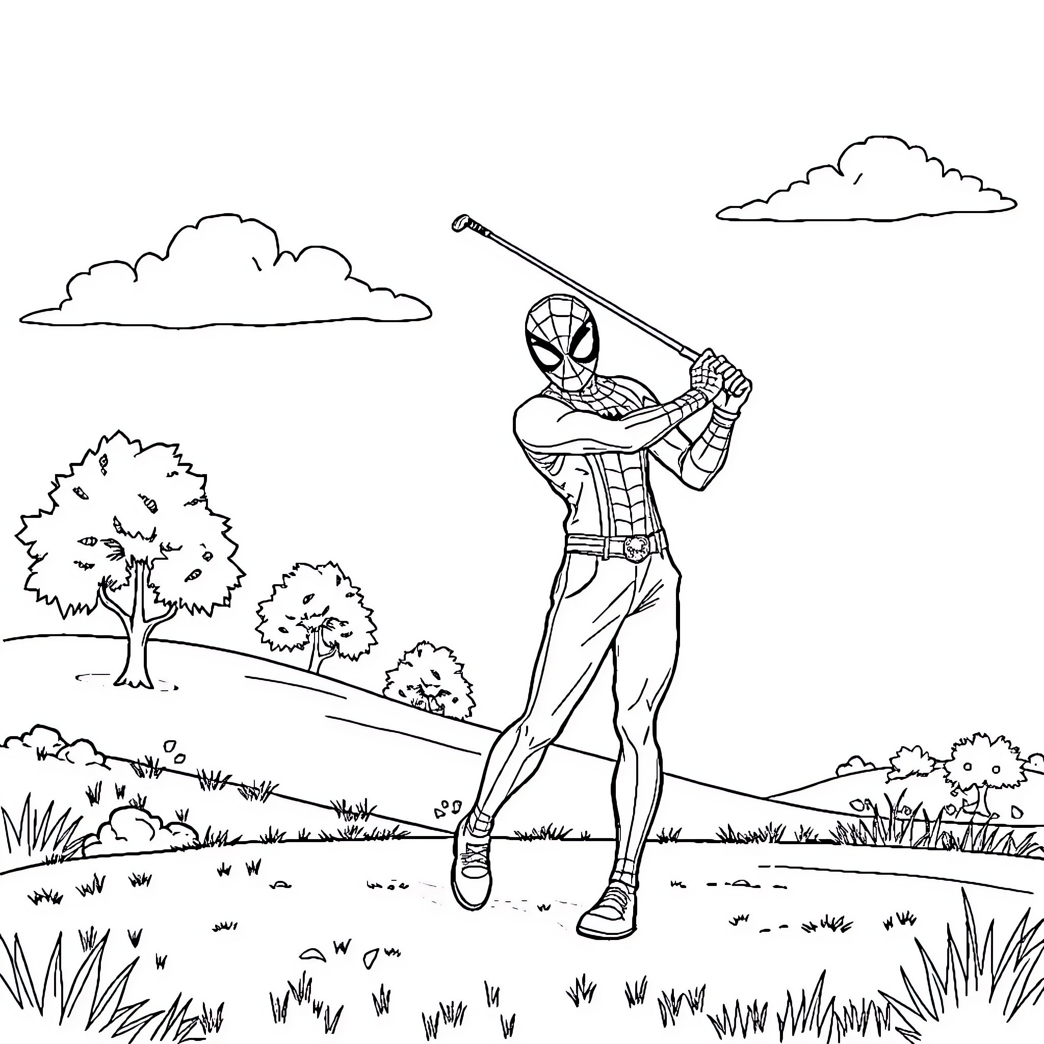 Spiderman swinging through the park on a webline Coloring Page (free black-and-white line drawing printable PDF for all, from beginners to advanced learners, including children, teens, adults, and seniors)