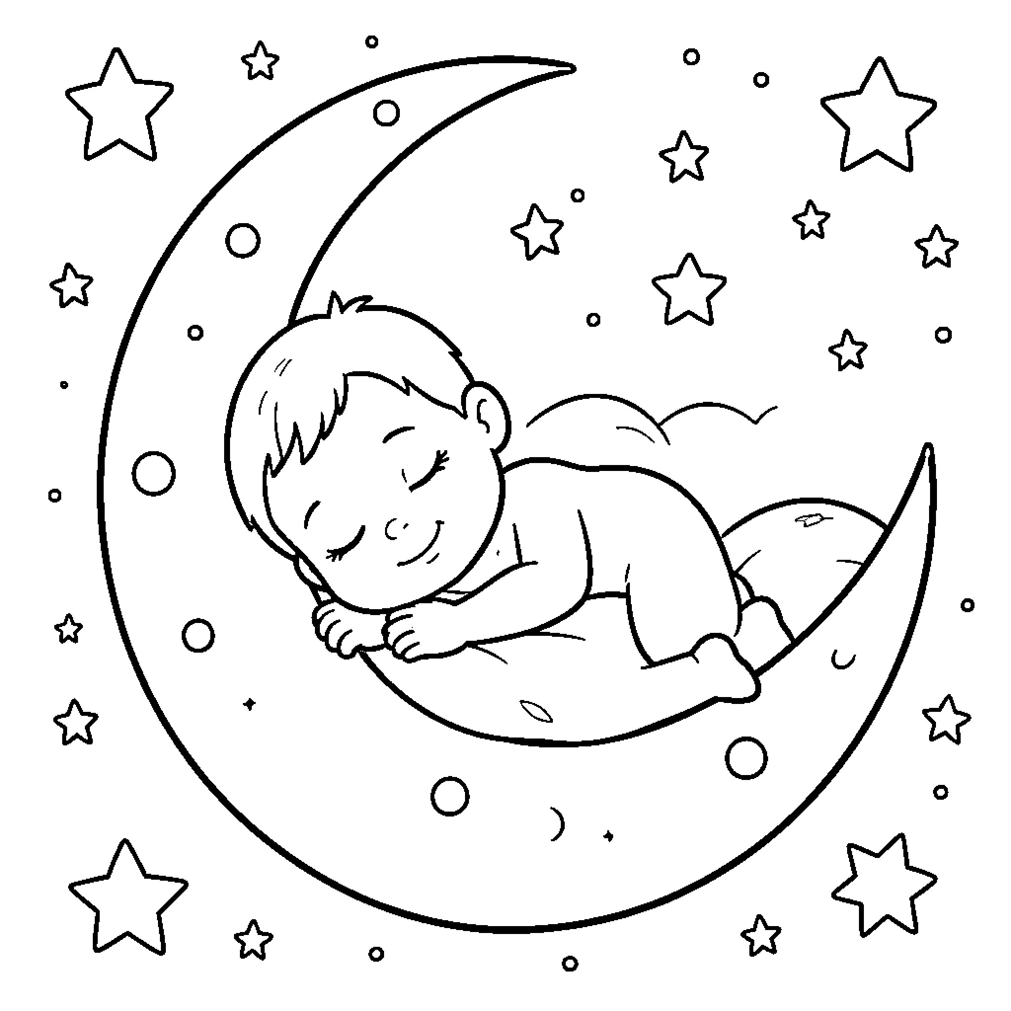 Baby peacefully sleeping under the starry night sky Coloring Page (free black-and-white line drawing printable PDF for all, from beginners to advanced learners, including children, teens, adults, and seniors)
