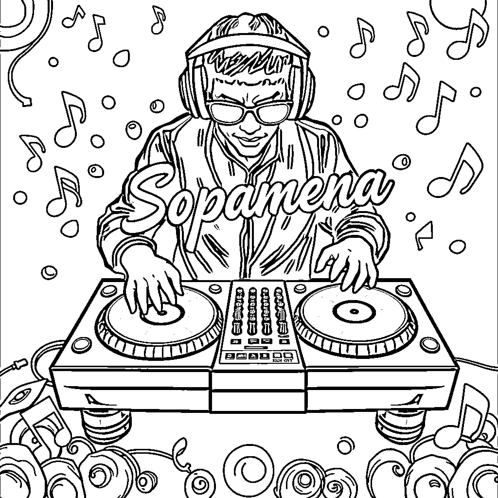 DJ Mixing Tunes with Musical Notes Coloring Page (free black-and-white line drawing printable PDF for all, from beginners to advanced learners, including children, teens, adults, and seniors)