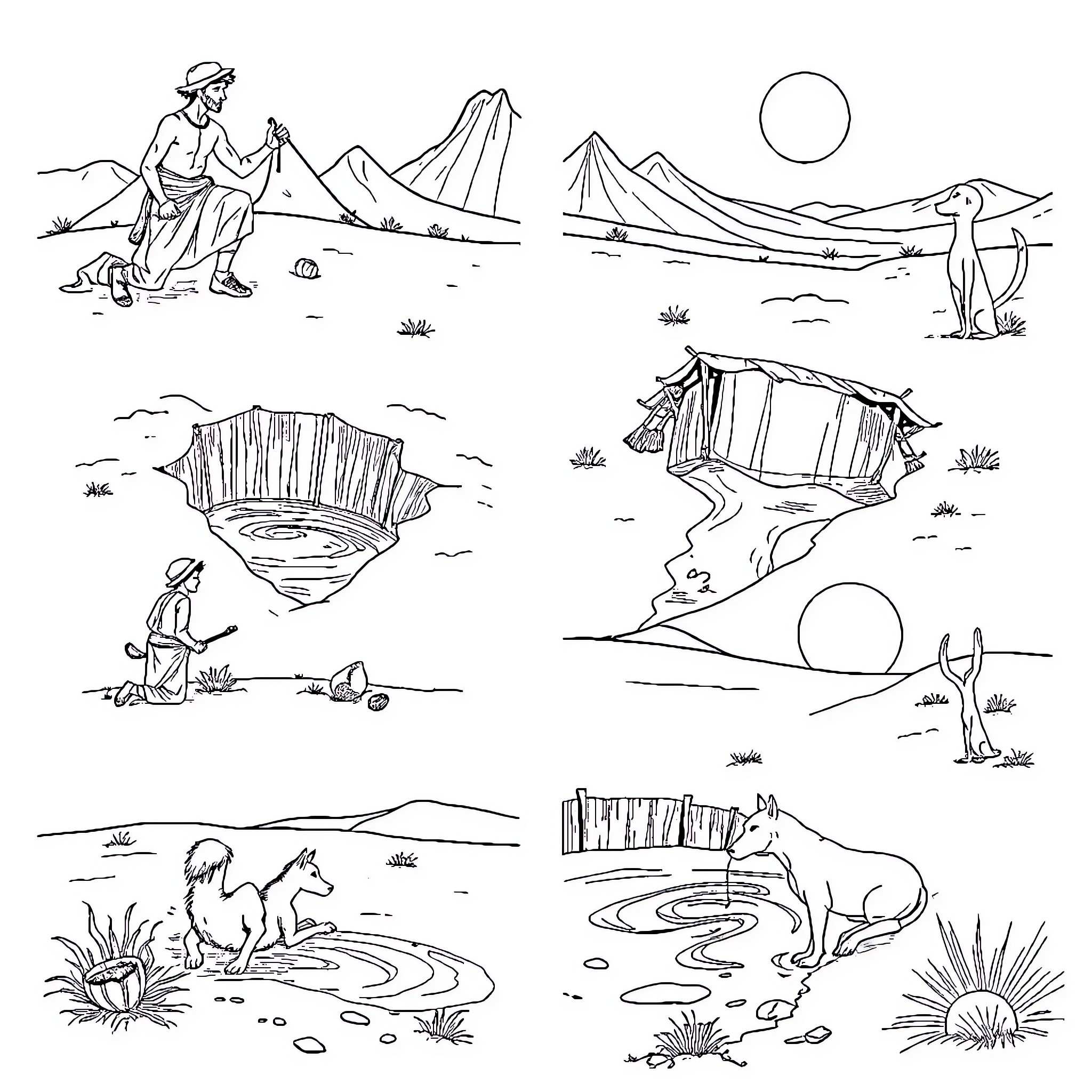 Hombre exploring the diverse landscapes Coloring Page (free black-and-white line drawing printable PDF for all, from beginners to advanced learners, including children, teens, adults, and seniors)
