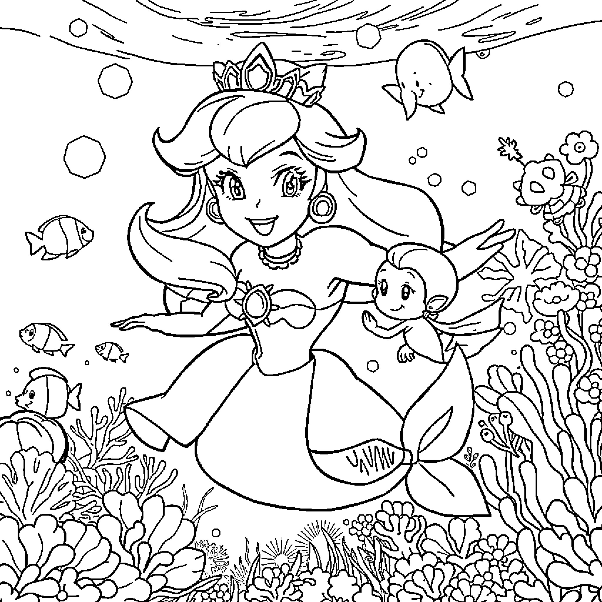 Princess Peach exploring the underwater world with a companion Coloring Page (free black-and-white line drawing printable PDF for all, from beginners to advanced learners, including children, teens, adults, and seniors)