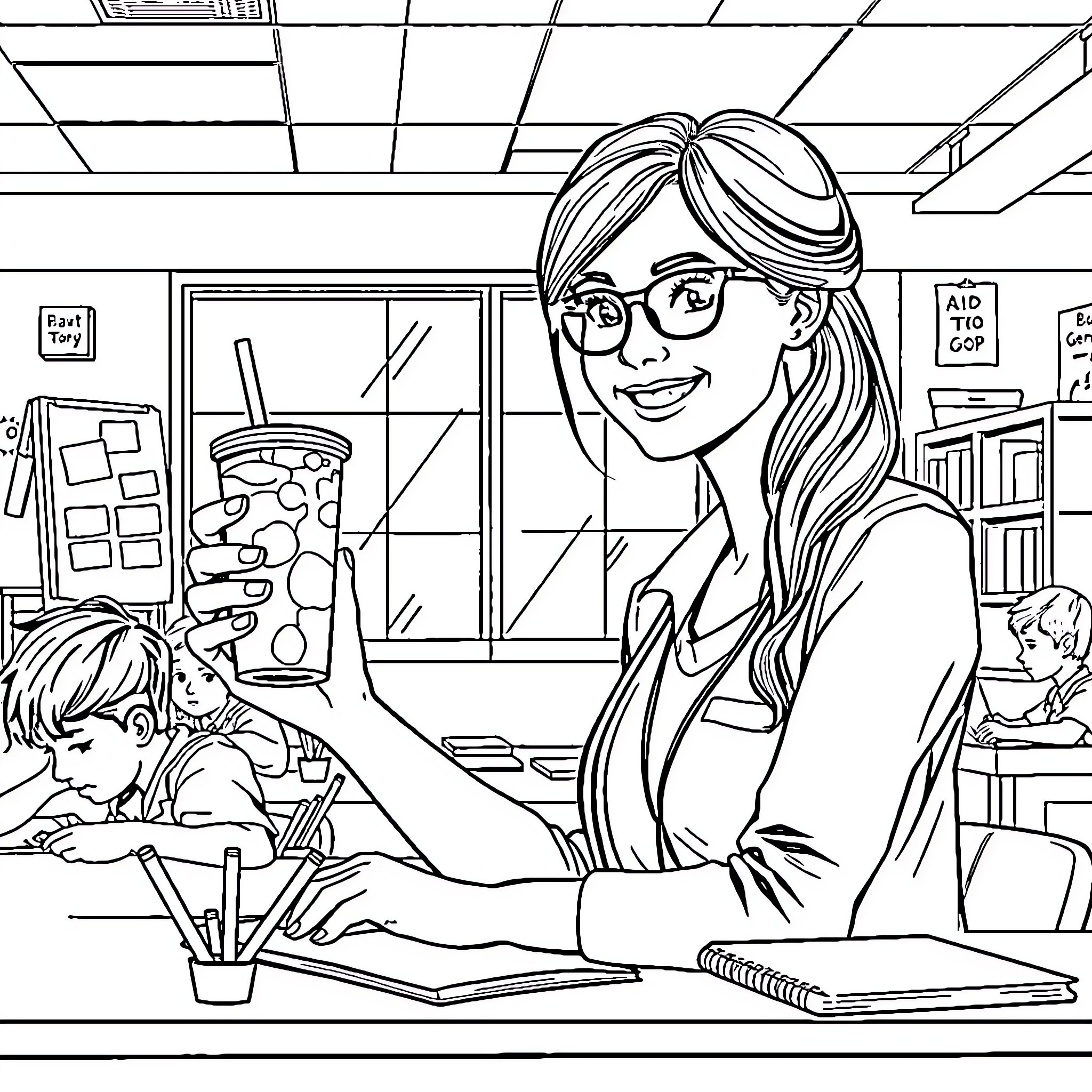 Teacher helping students in the classroom Coloring Page (free black-and-white line drawing printable PDF for all, from beginners to advanced learners, including children, teens, adults, and seniors)