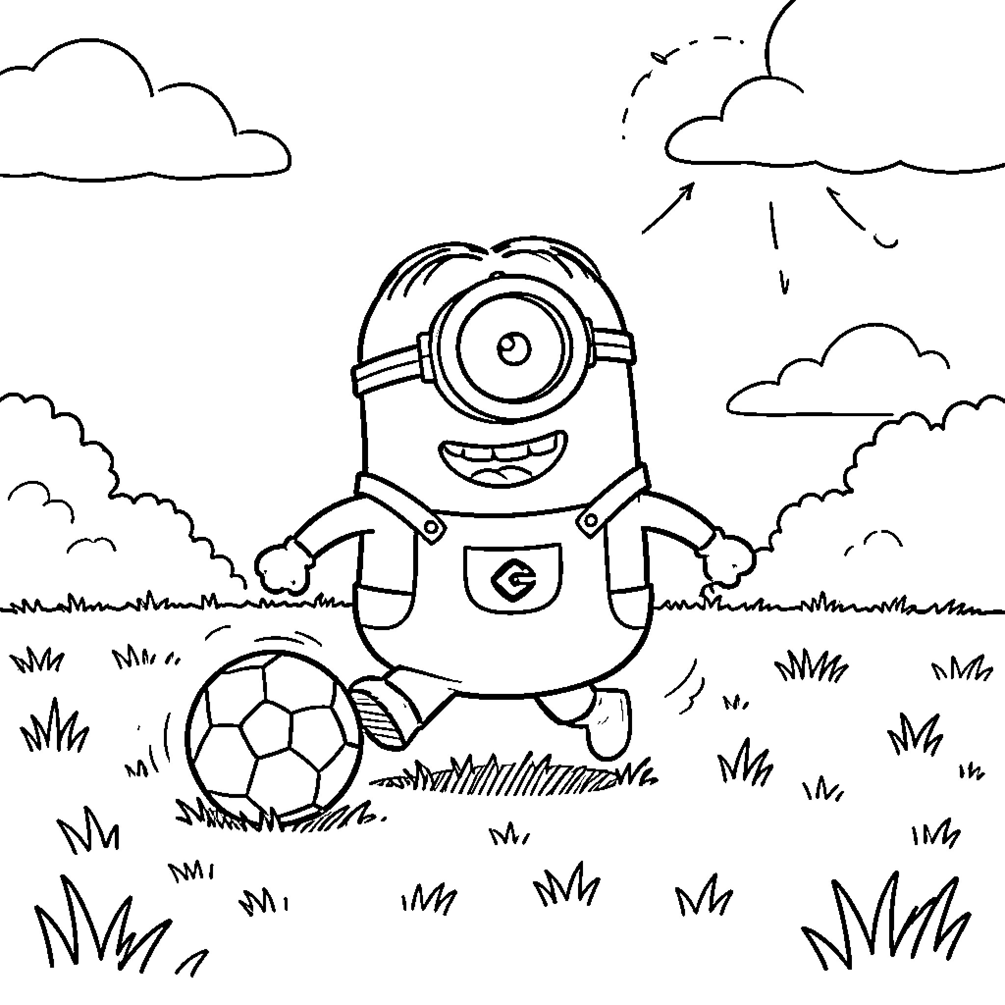 Minion playing soccer joyfully in a grassy field Coloring Page (free black-and-white line drawing printable PDF for all, from beginners to advanced learners, including children, teens, adults, and seniors)
