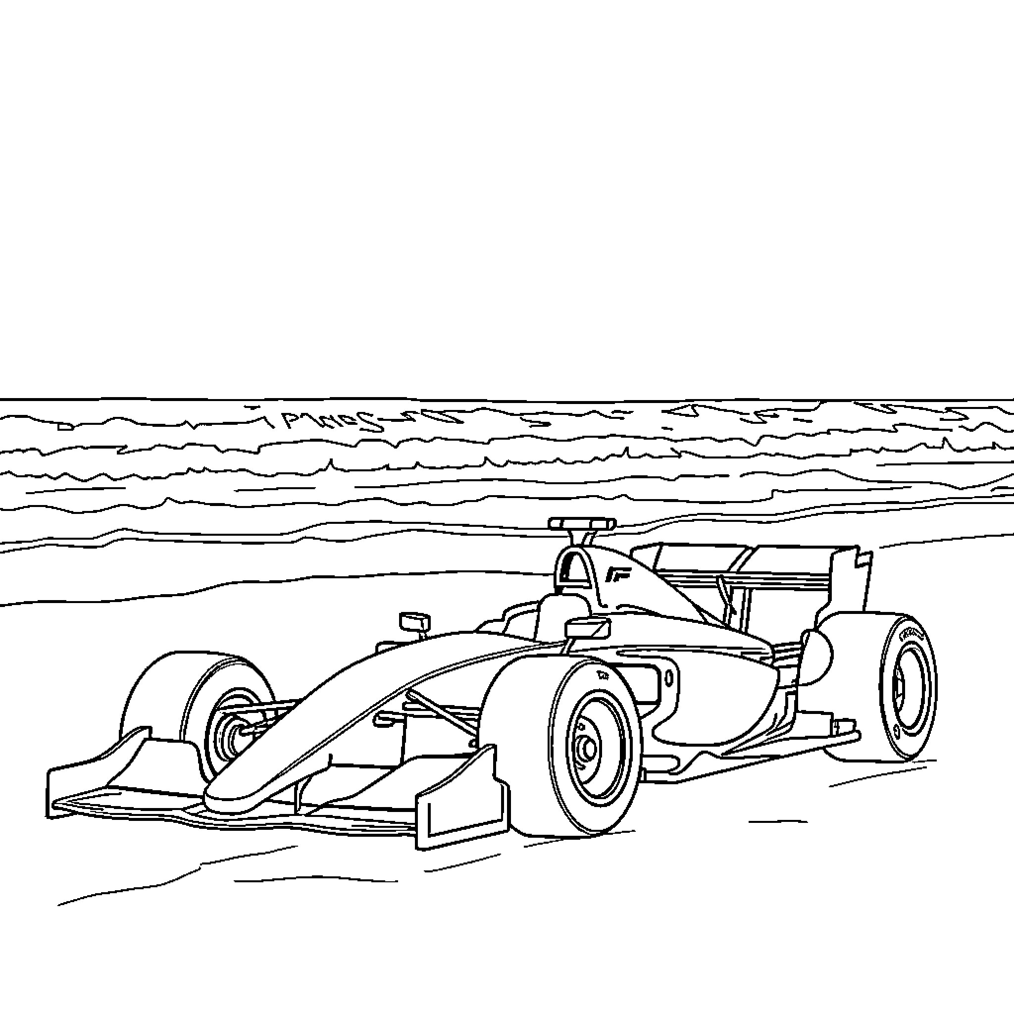 F1 Car speeding on the racetrack Coloring Page (free black-and-white line drawing printable PDF for all, from beginners to advanced learners, including children, teens, adults, and seniors)