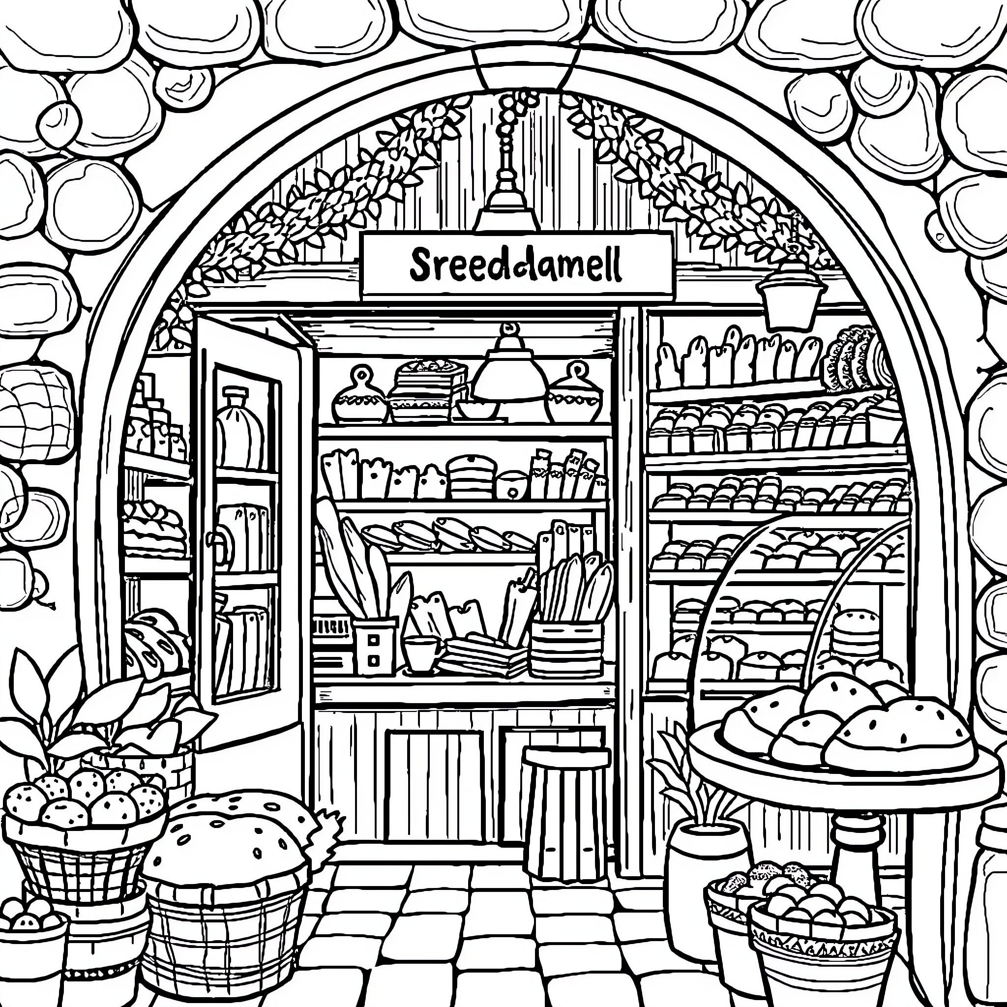 Bread Shop with Assorted Baked Goods and Displays Coloring Page (free black-and-white line drawing printable PDF for all, from beginners to advanced learners, including children, teens, adults, and seniors)