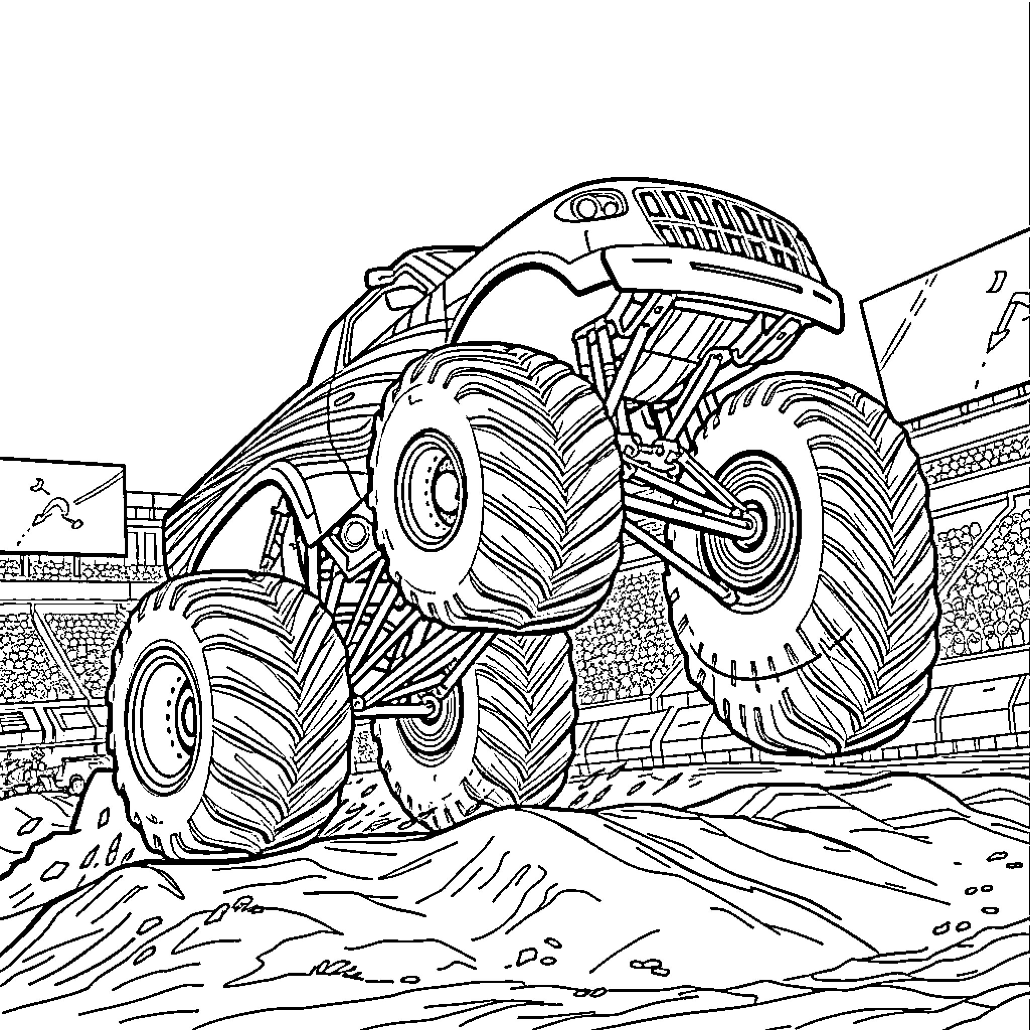 Monster Truck Racing Through the Arena Coloring Page (free black-and-white line drawing printable PDF for all, from beginners to advanced learners, including children, teens, adults, and seniors)