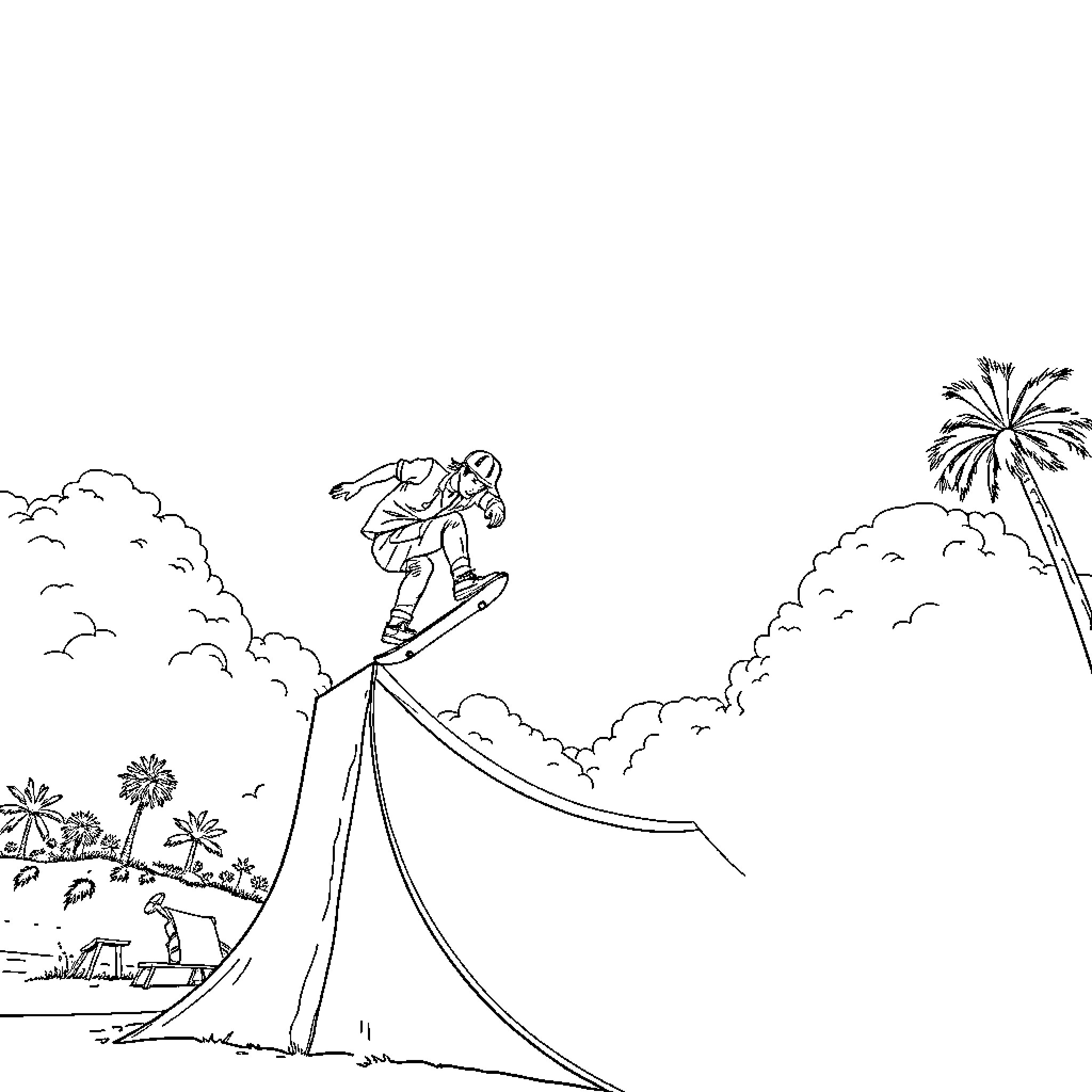 Skateboarder performing impressive aerial stunt in tropical setting Coloring Page (free black-and-white line drawing printable PDF for all, from beginners to advanced learners, including children, teens, adults, and seniors)