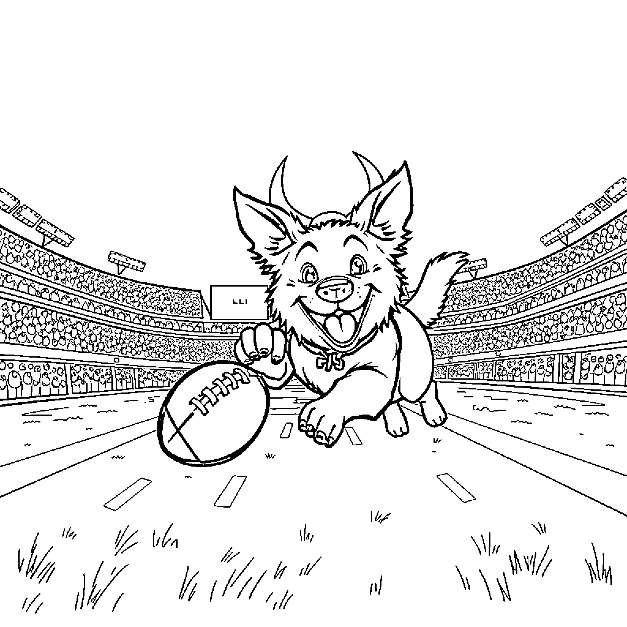 Dog playing with football in stadium Coloring Page (free black-and-white line drawing printable PDF for all, from beginners to advanced learners, including children, teens, adults, and seniors)