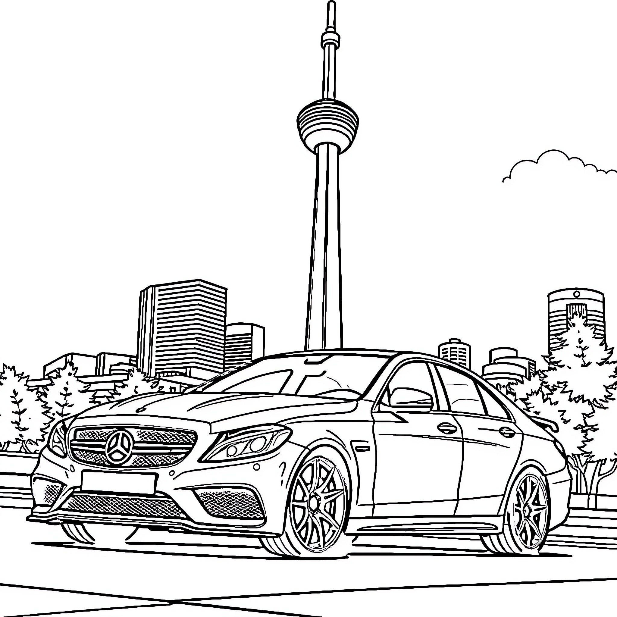 C63s sports car in city skyline Coloring Page (free black-and-white line drawing printable PDF for all, from beginners to advanced learners, including children, teens, adults, and seniors)