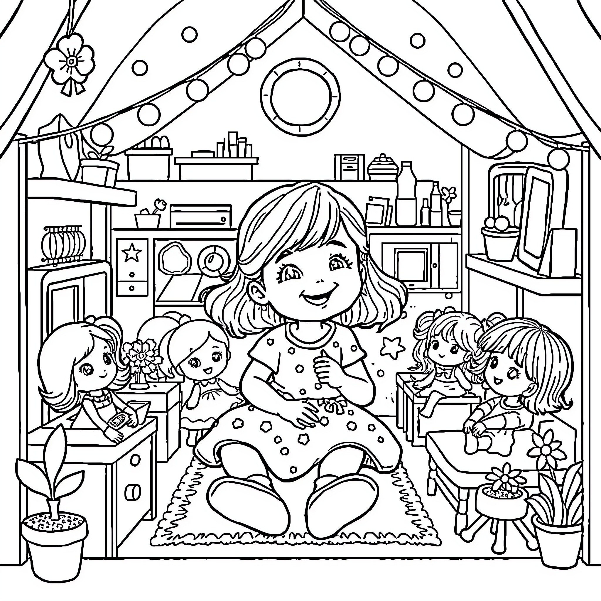 Dollhouse with playful children enjoying their toys Coloring Page (free black-and-white line drawing printable PDF for all, from beginners to advanced learners, including children, teens, adults, and seniors)