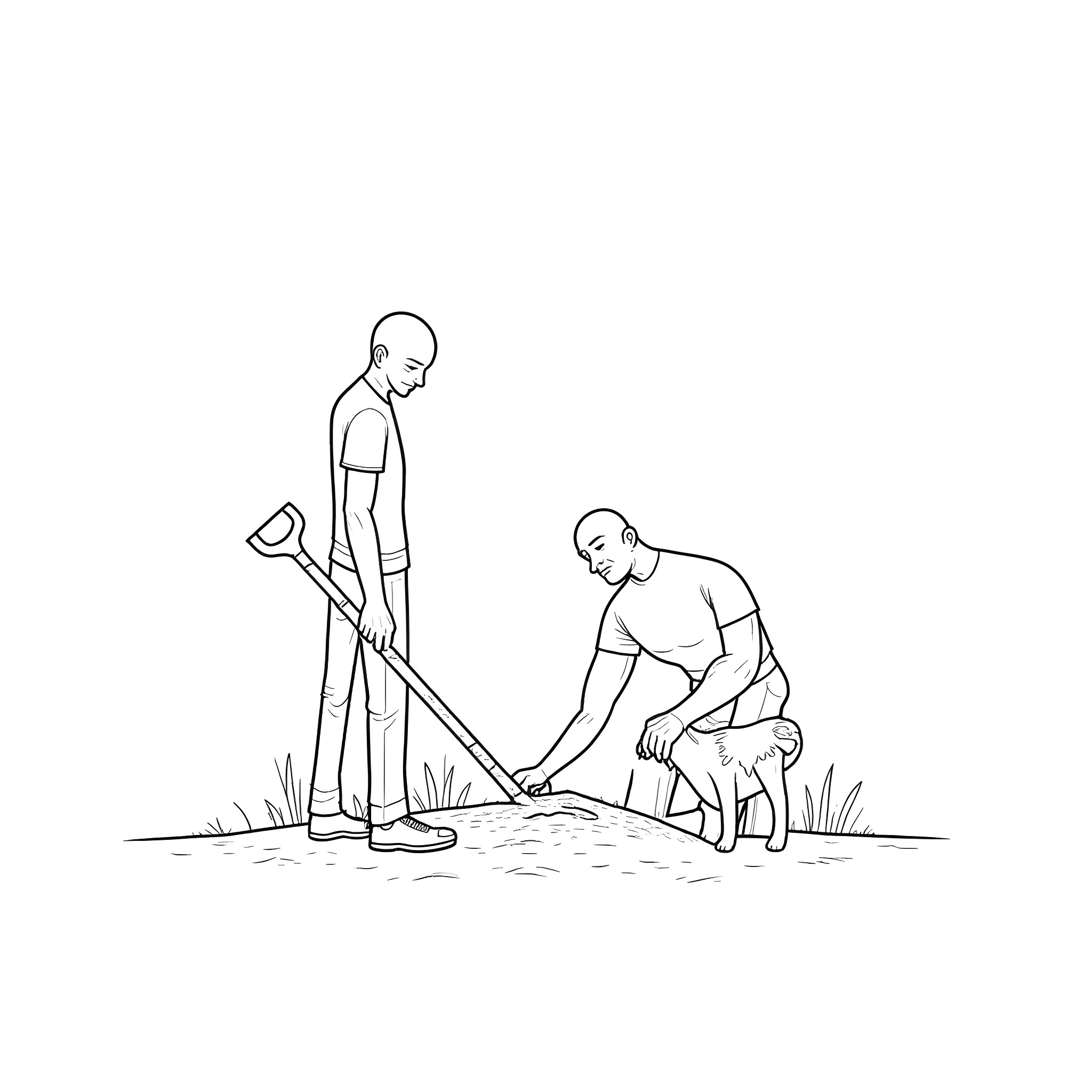 Dog Owners Gardening Together Coloring Page (free black-and-white line drawing printable PDF for all, from beginners to advanced learners, including children, teens, adults, and seniors)