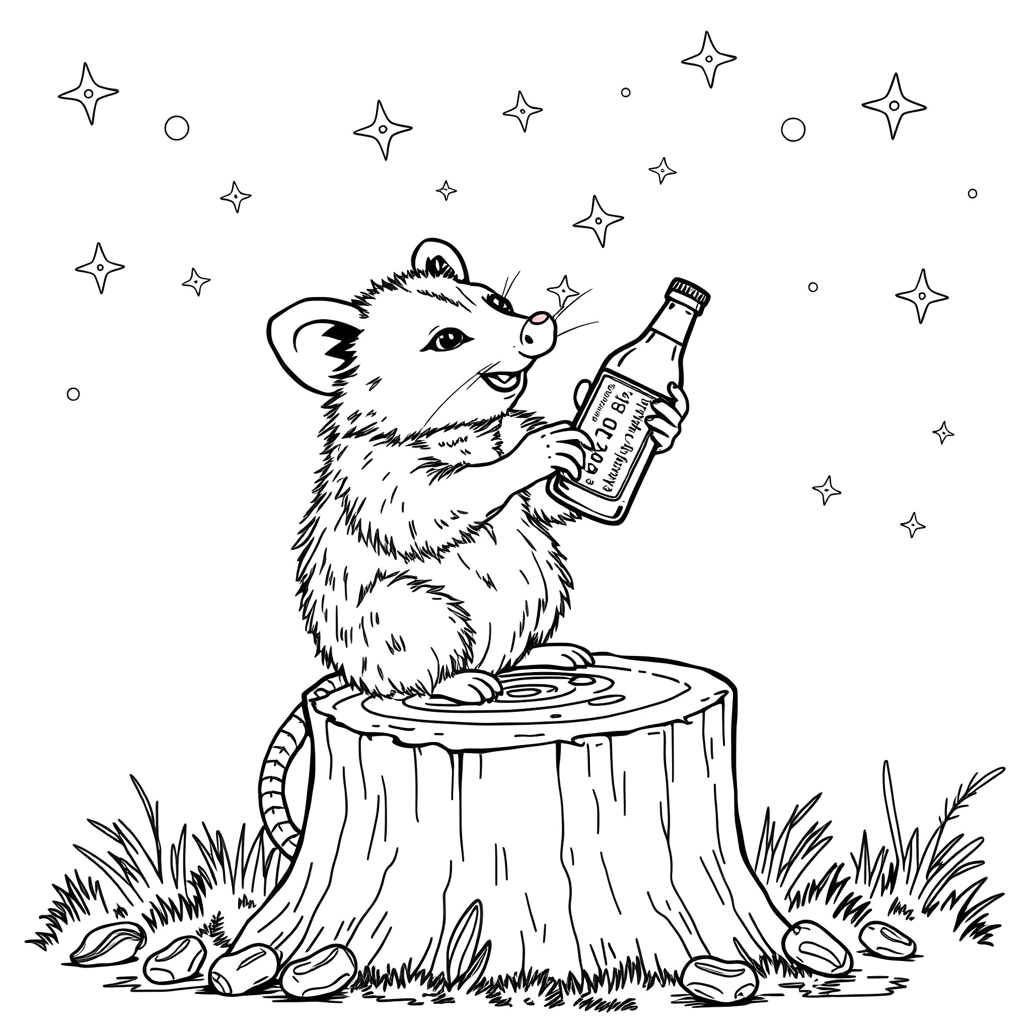 Possum enjoying a drink under the starry night Coloring Page (free black-and-white line drawing printable PDF for all, from beginners to advanced learners, including children, teens, adults, and seniors)