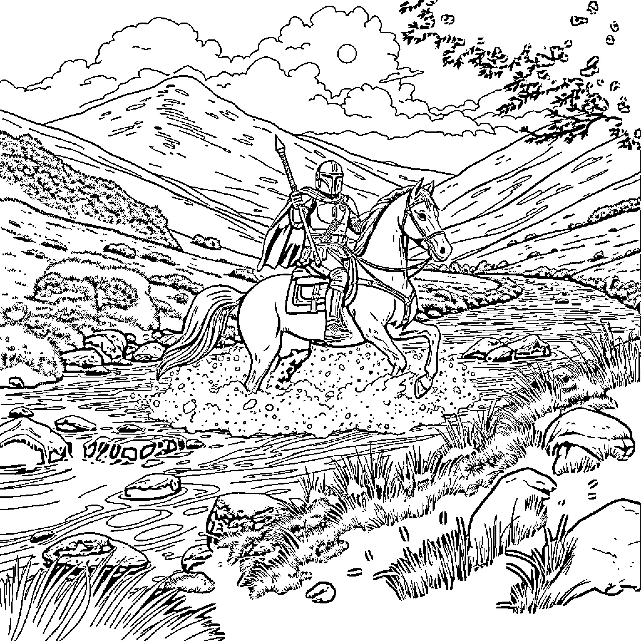 Mandalorian Warrior Riding Through Rugged Landscape Coloring Page (free black-and-white line drawing printable PDF for all, from beginners to advanced learners, including children, teens, adults, and seniors)